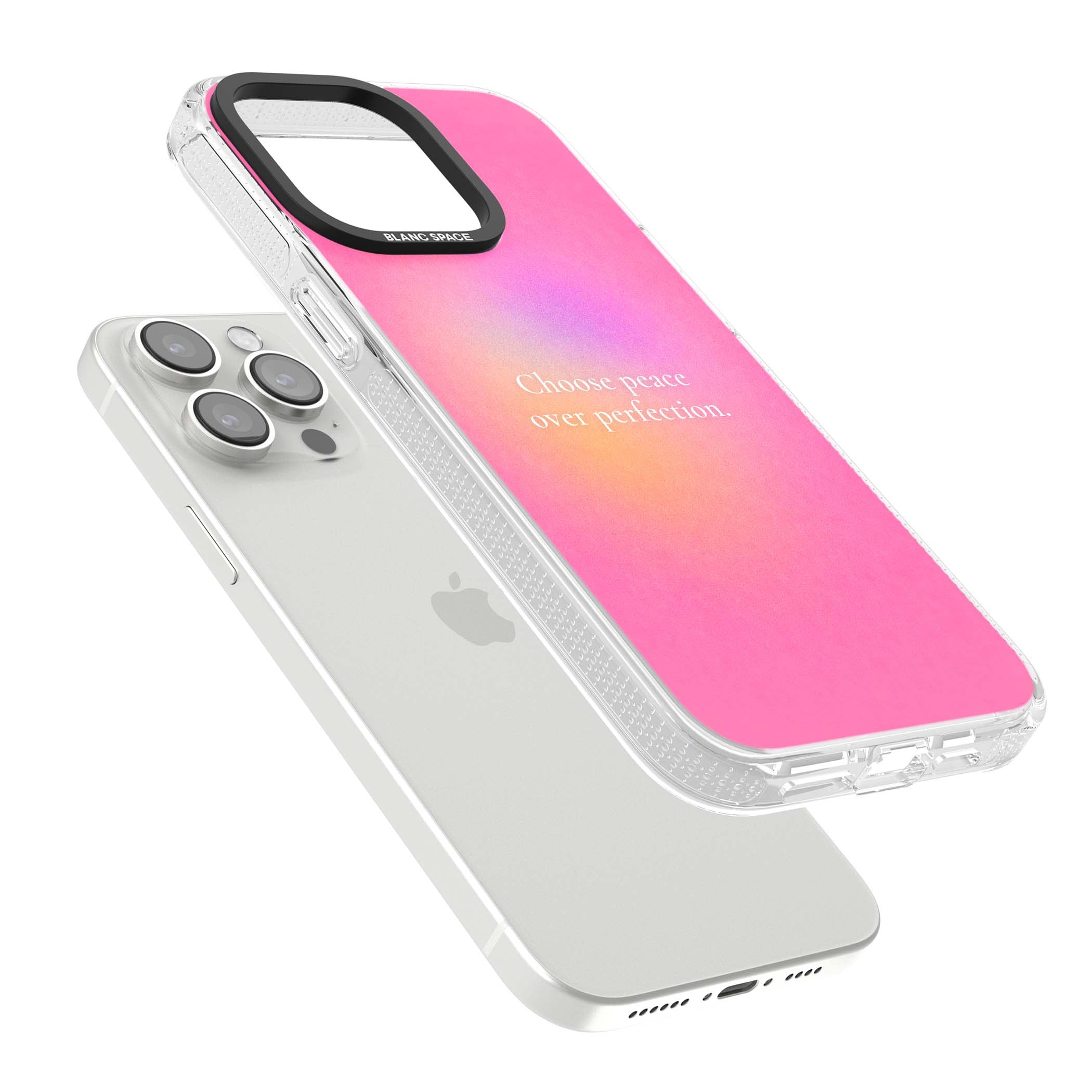 Peace Over Perfection quote iPhone case featuring a dreamy pink aura gradient and delicate white affirmation text | Clear Case Impact Air case for iPhone 15 Pro, iPhone 15 Pro Max