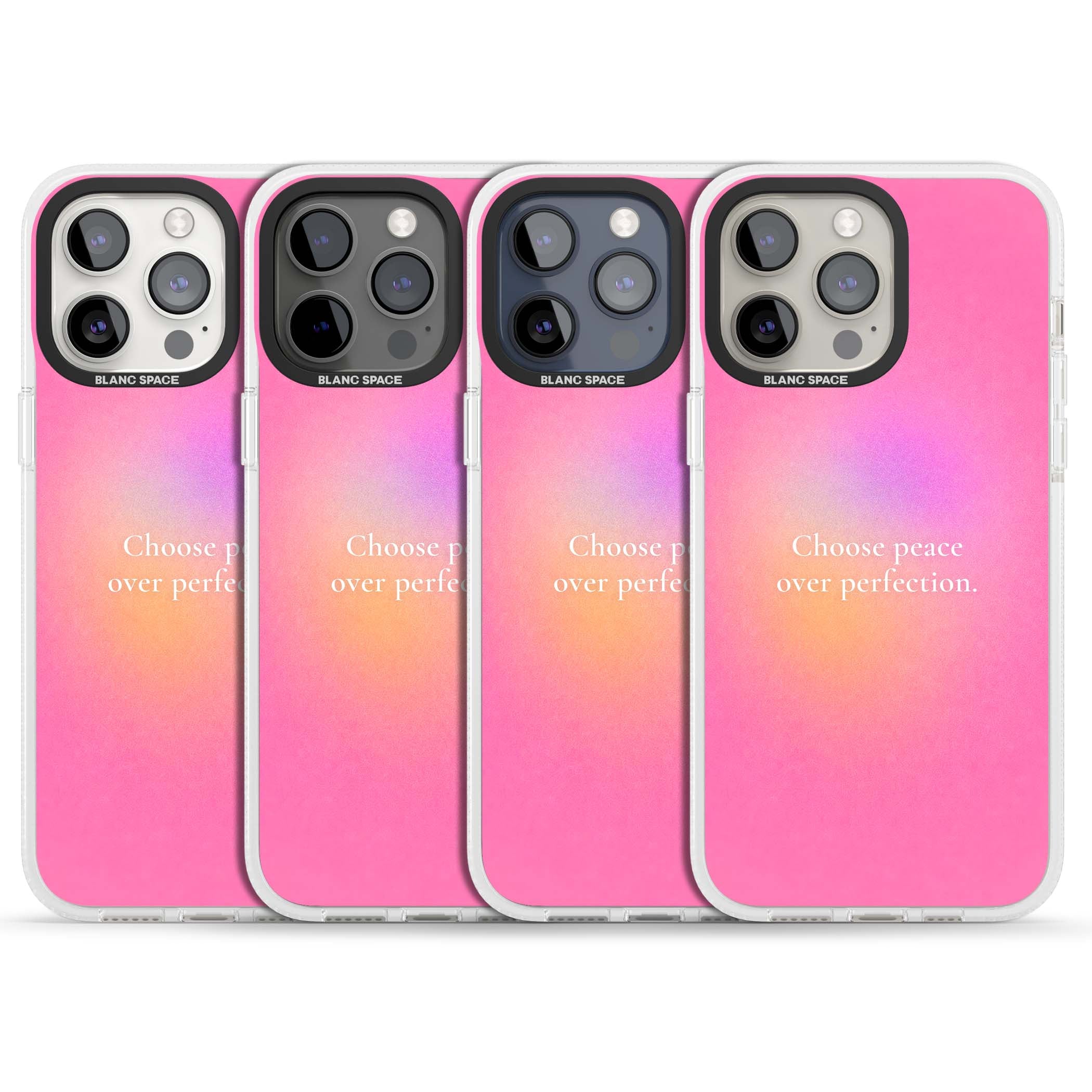 Peace Over Perfection quote iPhone case featuring a dreamy pink aura gradient and delicate white affirmation text | Clear Case Impact Air case for iPhone 15 Pro, iPhone 15 Pro Max