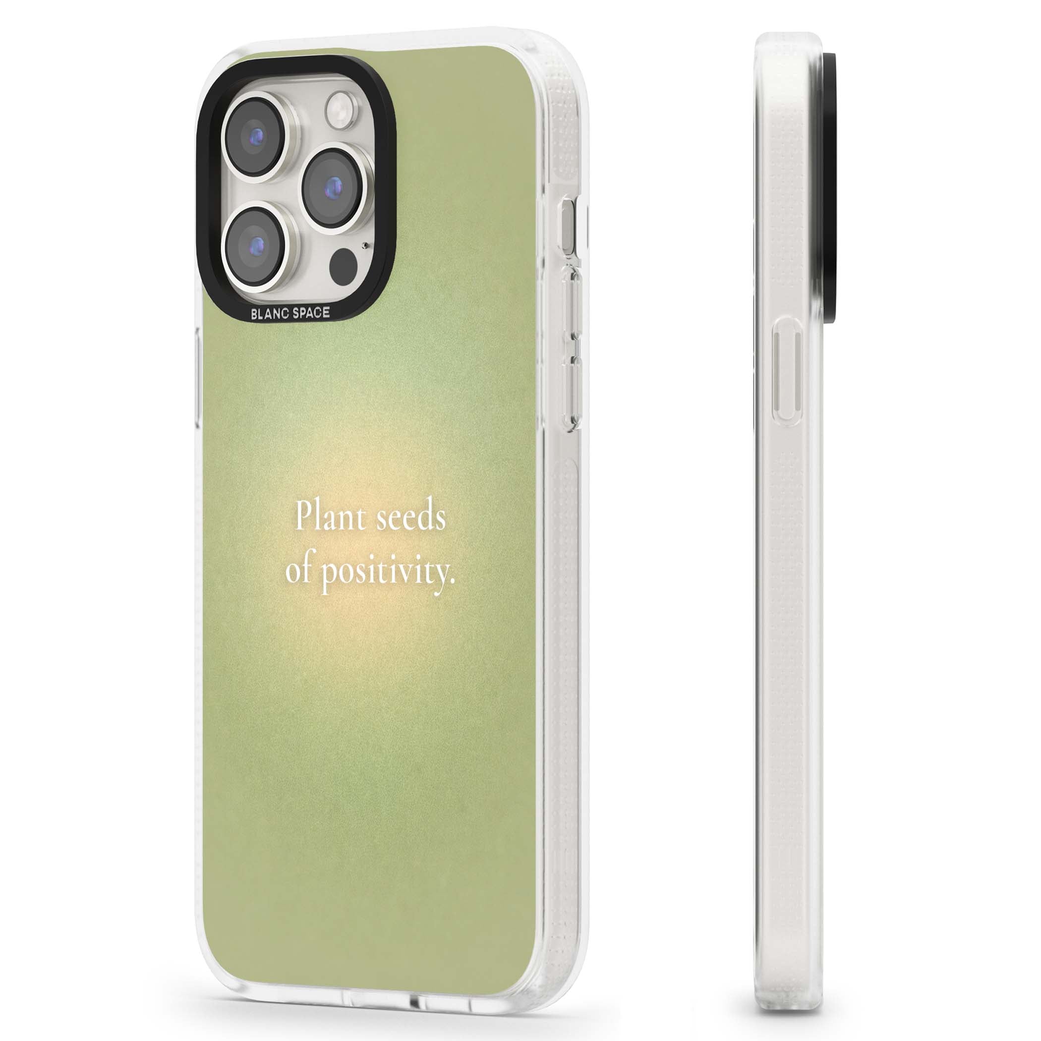 Seeds of Positivity quote iPhone case featuring a sage green aura gradient and golden glow affirmation | Clear Case Impact Air case for iPhone 15 Pro, iPhone 15 Pro Max