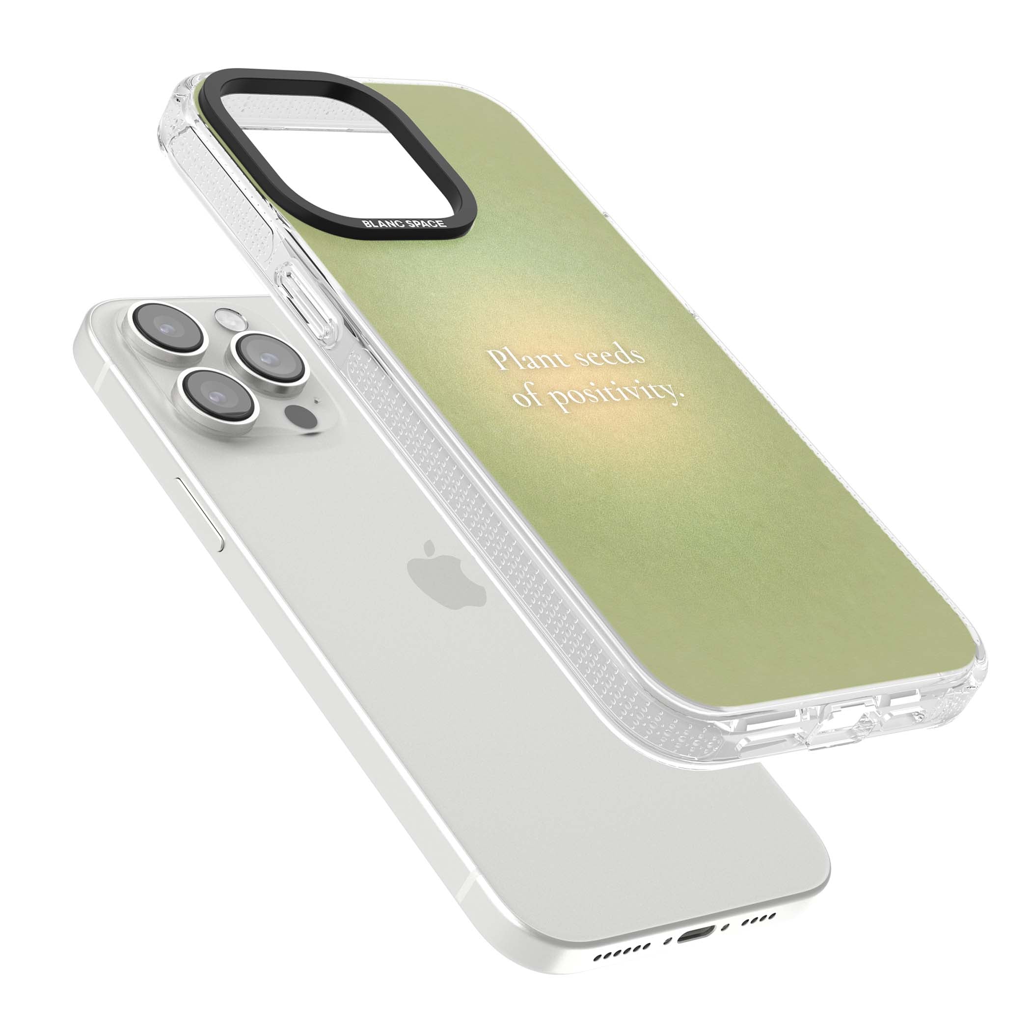 Seeds of Positivity quote iPhone case featuring a sage green aura gradient and golden glow affirmation | Clear Case Impact Air case for iPhone 15 Pro, iPhone 15 Pro Max