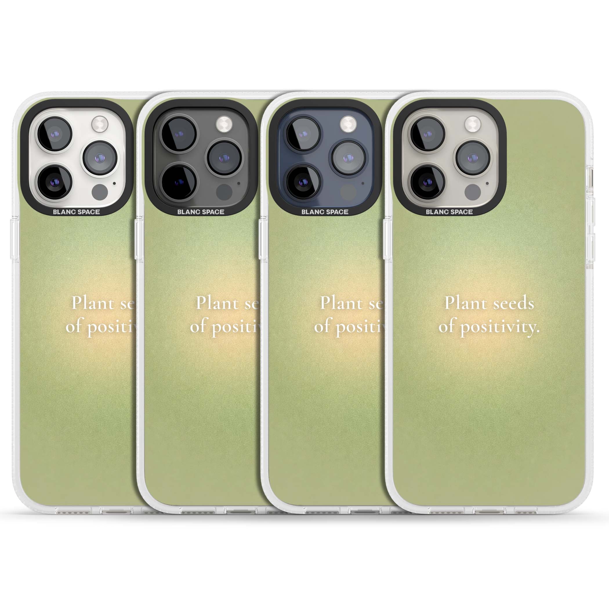 Seeds of Positivity quote iPhone case featuring a sage green aura gradient and golden glow affirmation | Clear Case Impact Air case for iPhone 15 Pro, iPhone 15 Pro Max