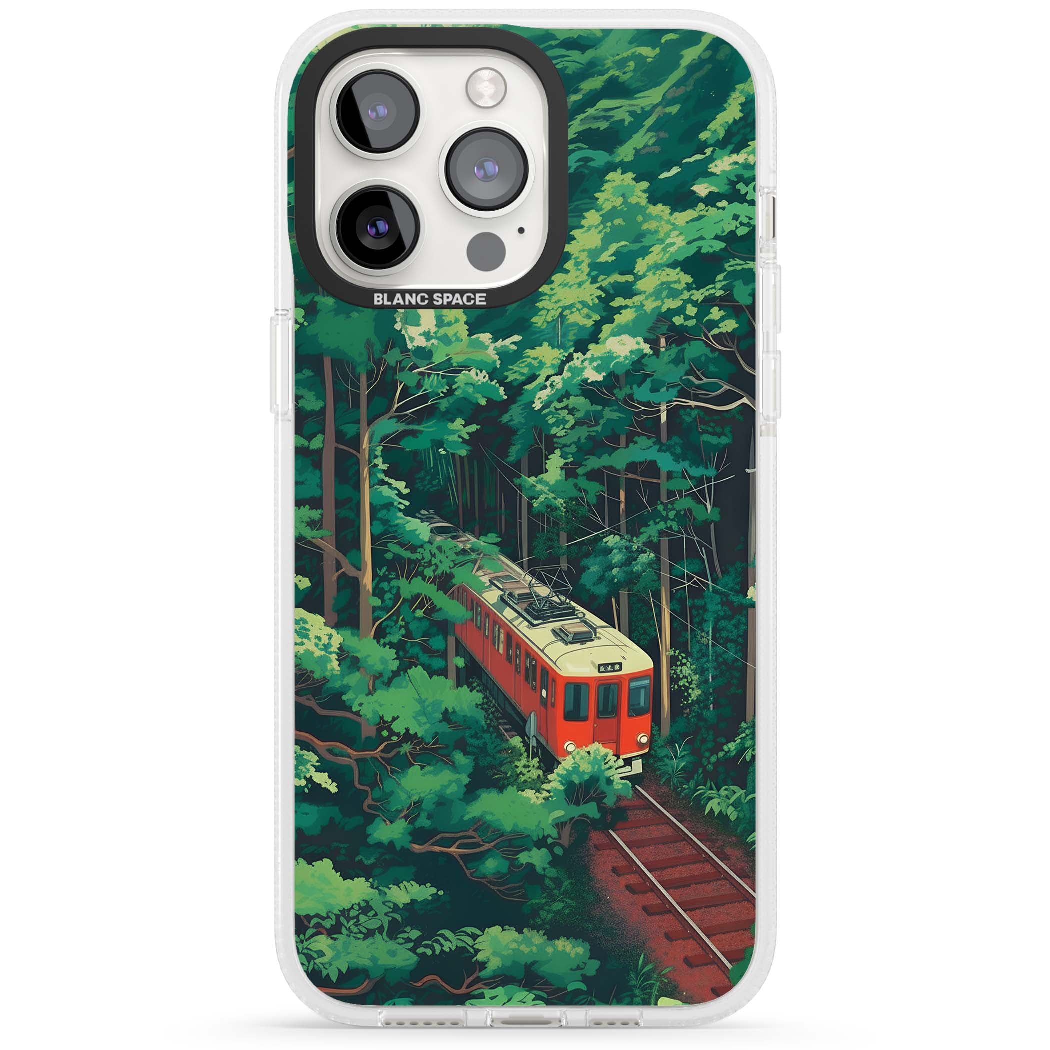 Railway In Toyama Japanese iPhone case featuring a red train, cedar forest and winding mountain railway tracks | Clear Case Impact Air case for iPhone 15 Pro, iPhone 15 Pro Max