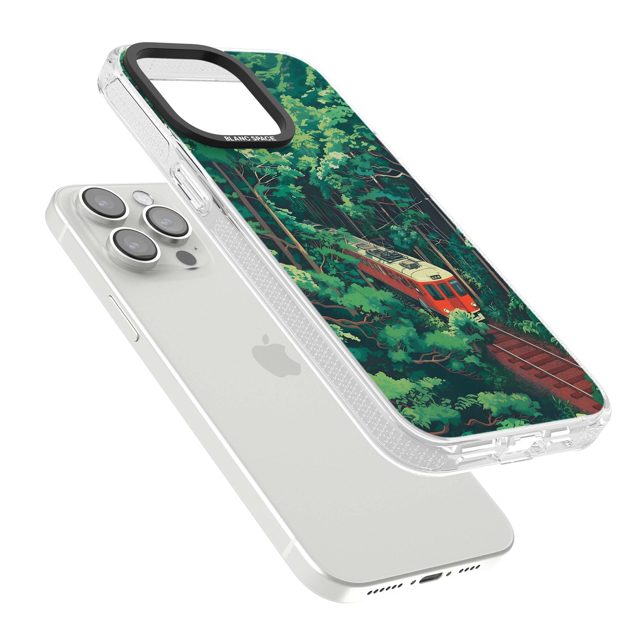Railway In Toyama Japanese iPhone case featuring a red train, cedar forest and winding mountain railway tracks | Clear Case Impact Air case for iPhone 15 Pro, iPhone 15 Pro Max