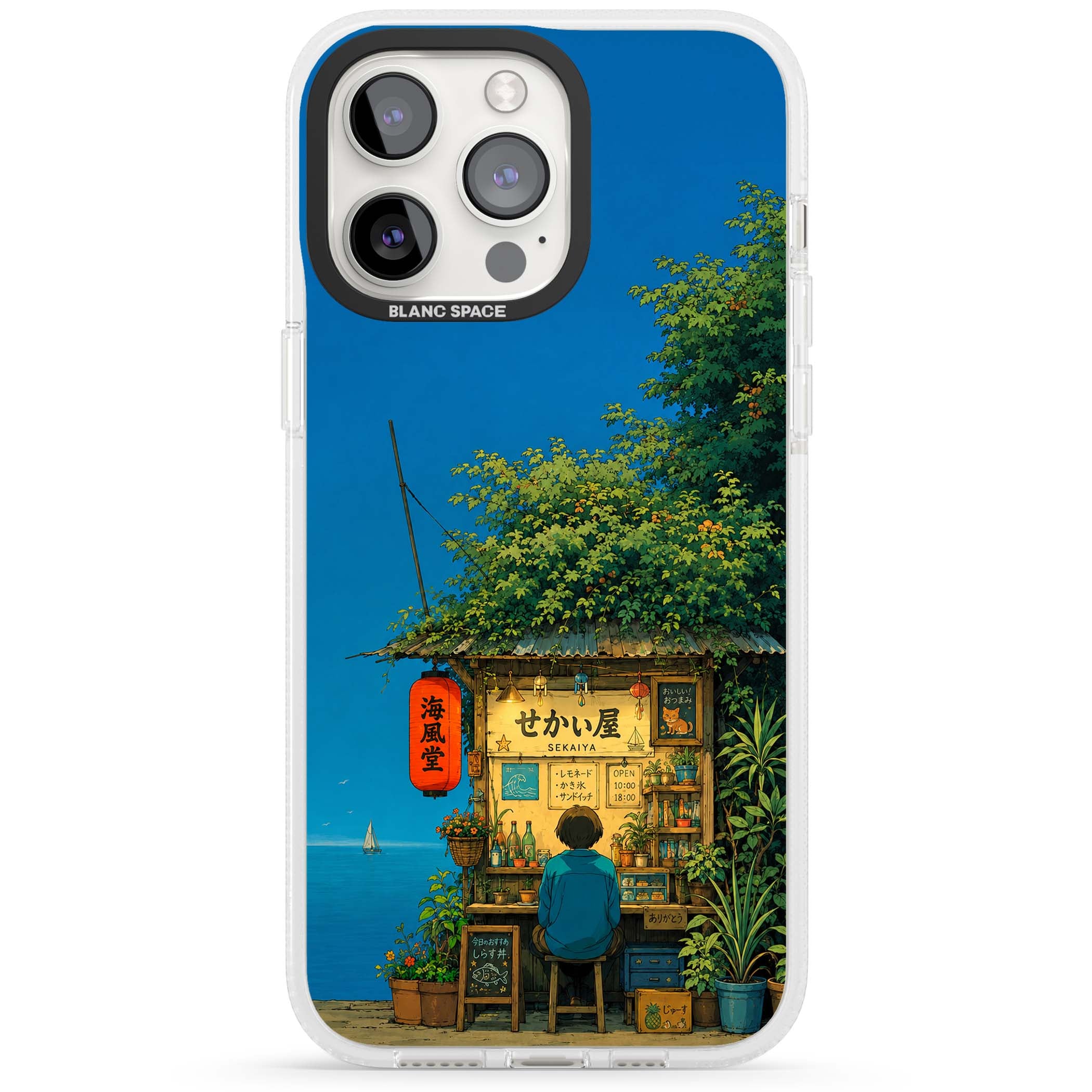The Shirahama Kiosk anime iPhone case featuring a Japanese seaside shop, red paper lantern and ocean view | Clear Case Impact Air case for iPhone 15 Pro, iPhone 15 Pro Max