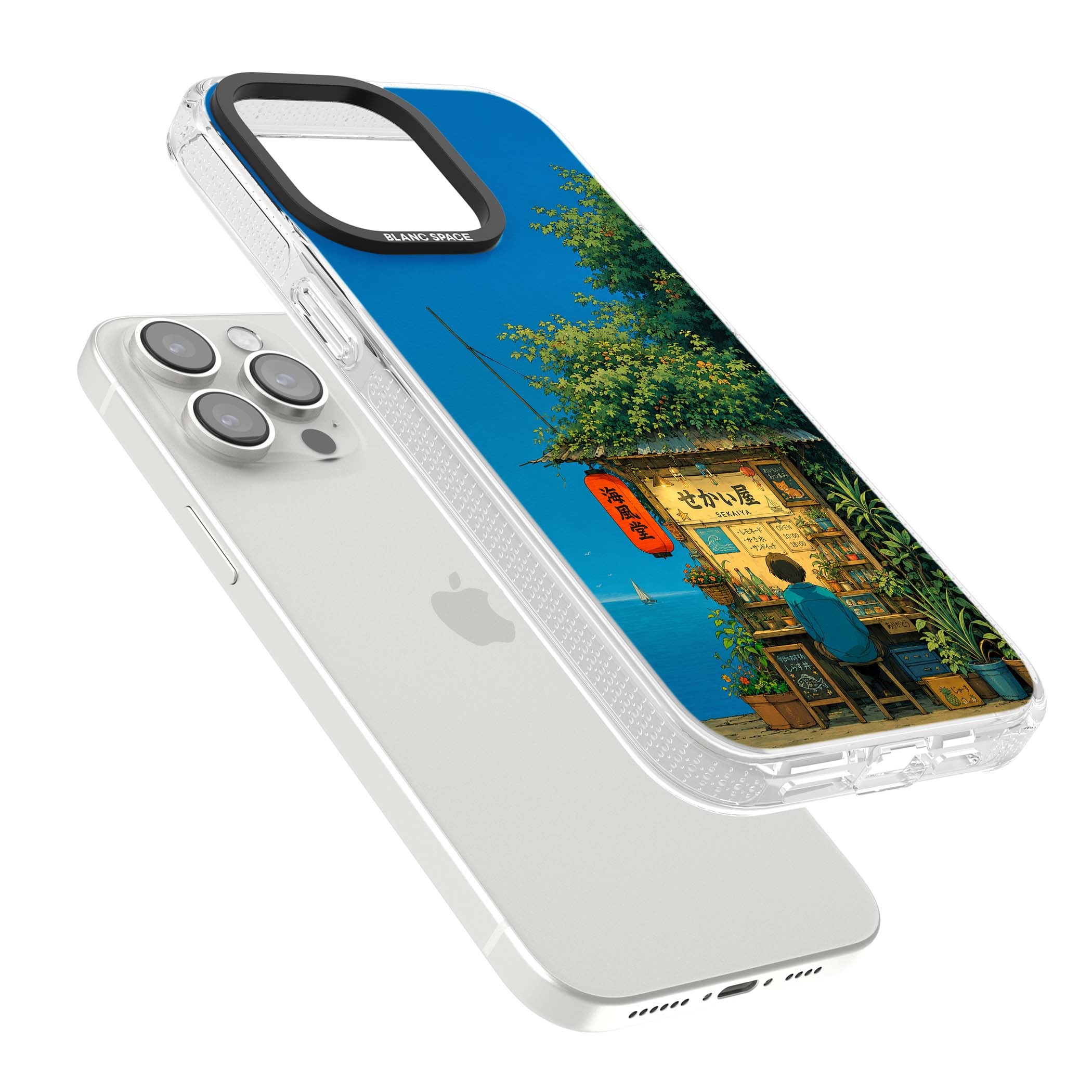 The Shirahama Kiosk anime iPhone case featuring a Japanese seaside shop, red paper lantern and ocean view | Clear Case Impact Air case for iPhone 15 Pro, iPhone 15 Pro Max