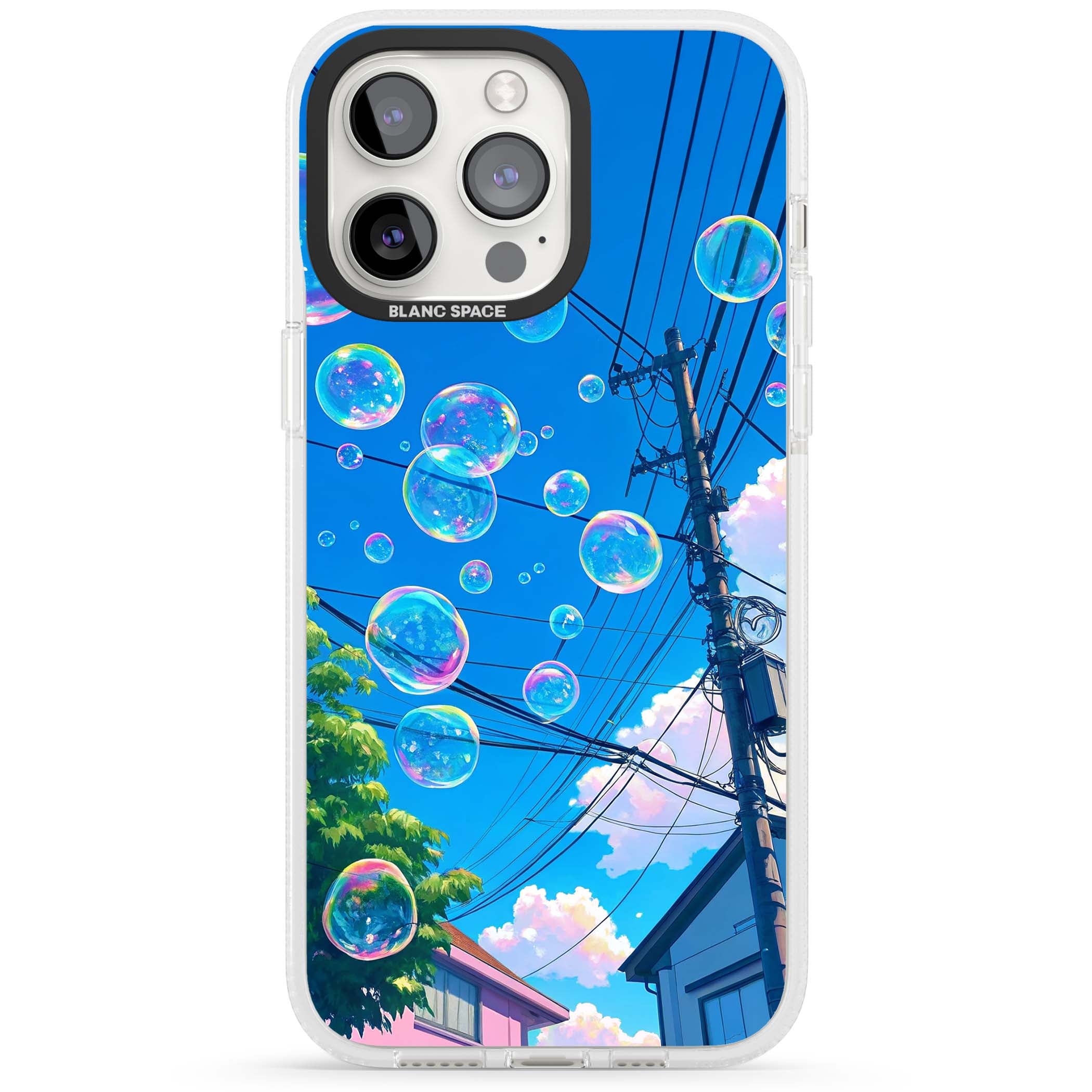 Suburban Bubbles anime iPhone case featuring iridescent soap bubbles, blue sky and Japanese telephone wires | Clear Case Impact Air case for iPhone 15 Pro, iPhone 15 Pro Max