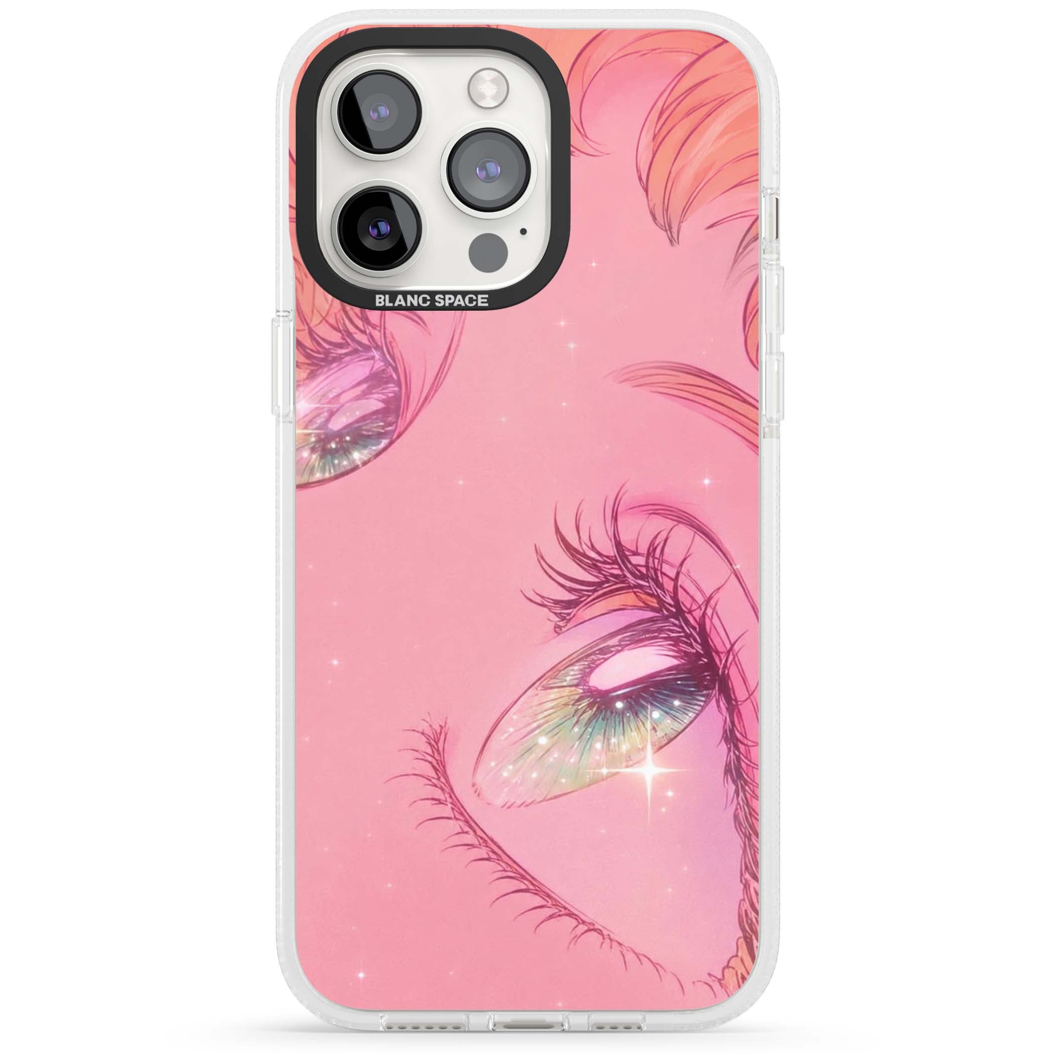 Pink Ethereal Gaze anime iPhone case featuring sparkling manga eyes, coral lashes and dreamy peach sky | Clear Case Impact Air case for iPhone 15 Pro, iPhone 15 Pro Max