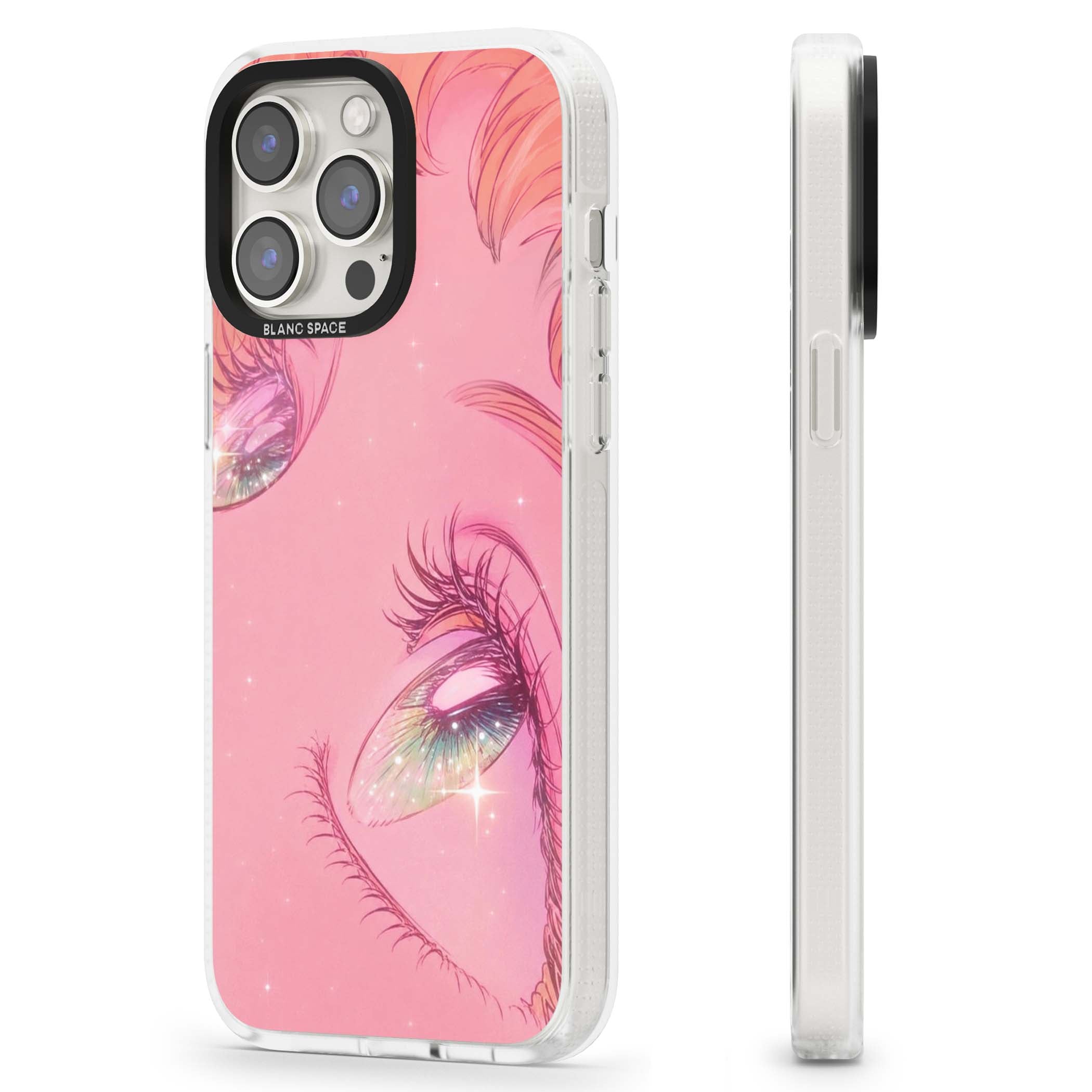 Pink Ethereal Gaze anime iPhone case featuring sparkling manga eyes, coral lashes and dreamy peach sky | Clear Case Impact Air case for iPhone 15 Pro, iPhone 15 Pro Max