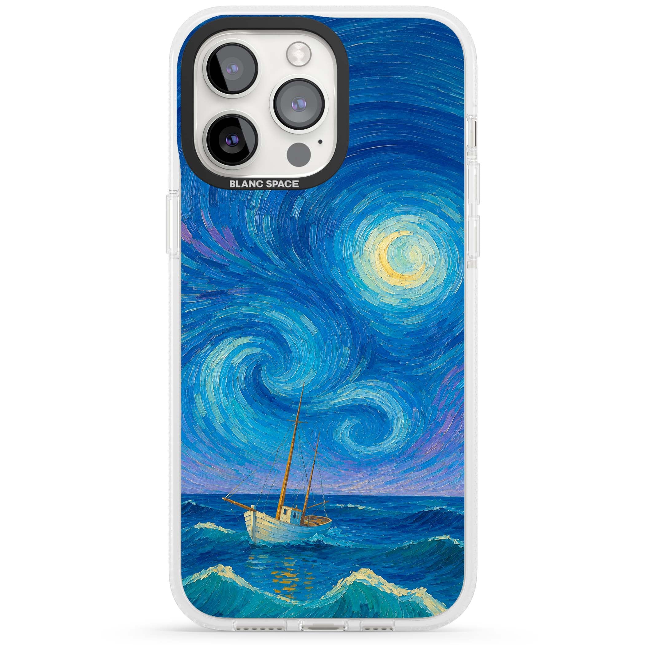 Moonlit Tide Van Gogh art iPhone case featuring swirling starry night sky, glowing moon and lone sailing boat at sea | Clear Case Impact Air case for iPhone 15 Pro, iPhone 15 Pro Max