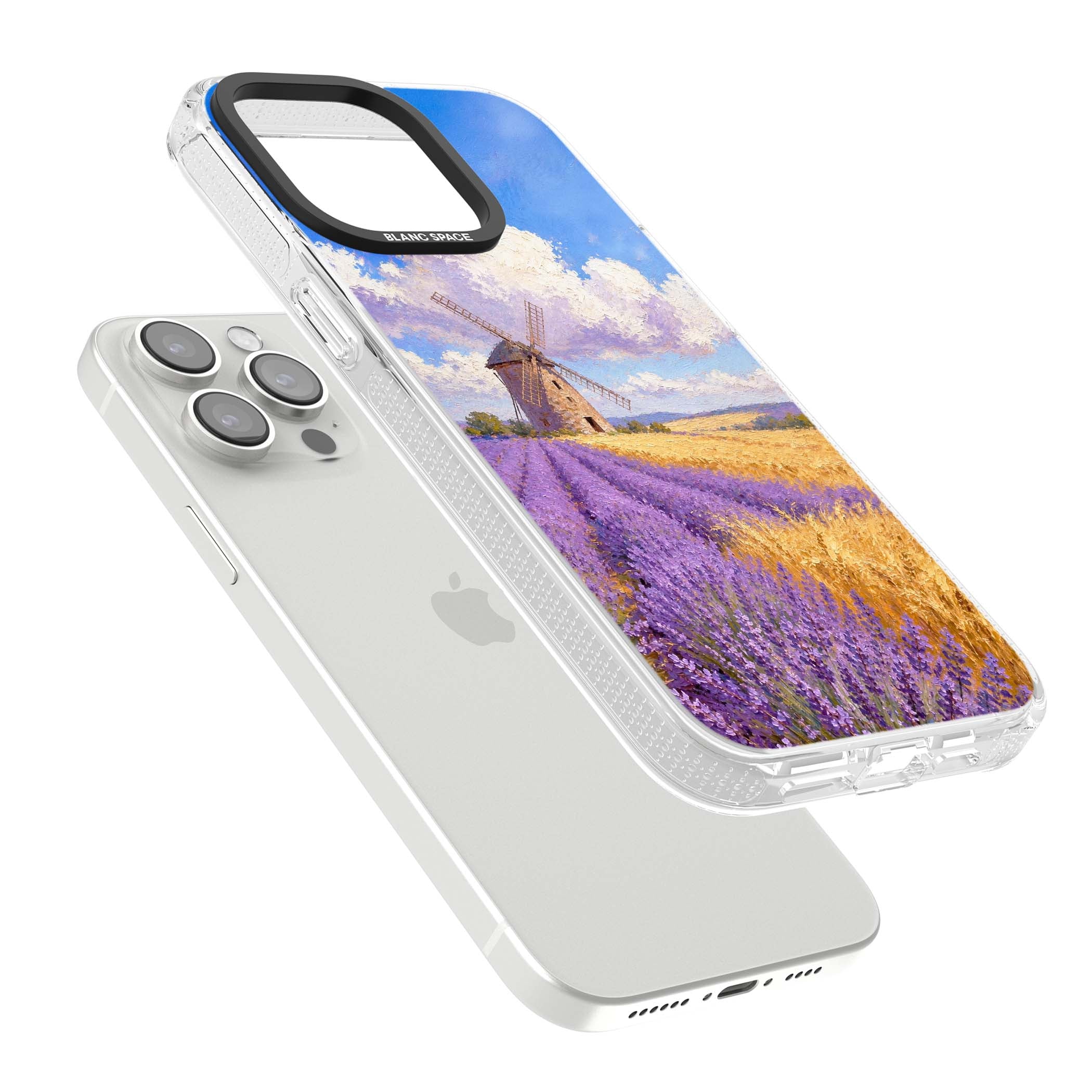 Lavender Mill cottagecore iPhone case featuring a French windmill, lavender field and golden wheat oil painting | Clear Case Impact Air case for iPhone 15 Pro, iPhone 15 Pro Max