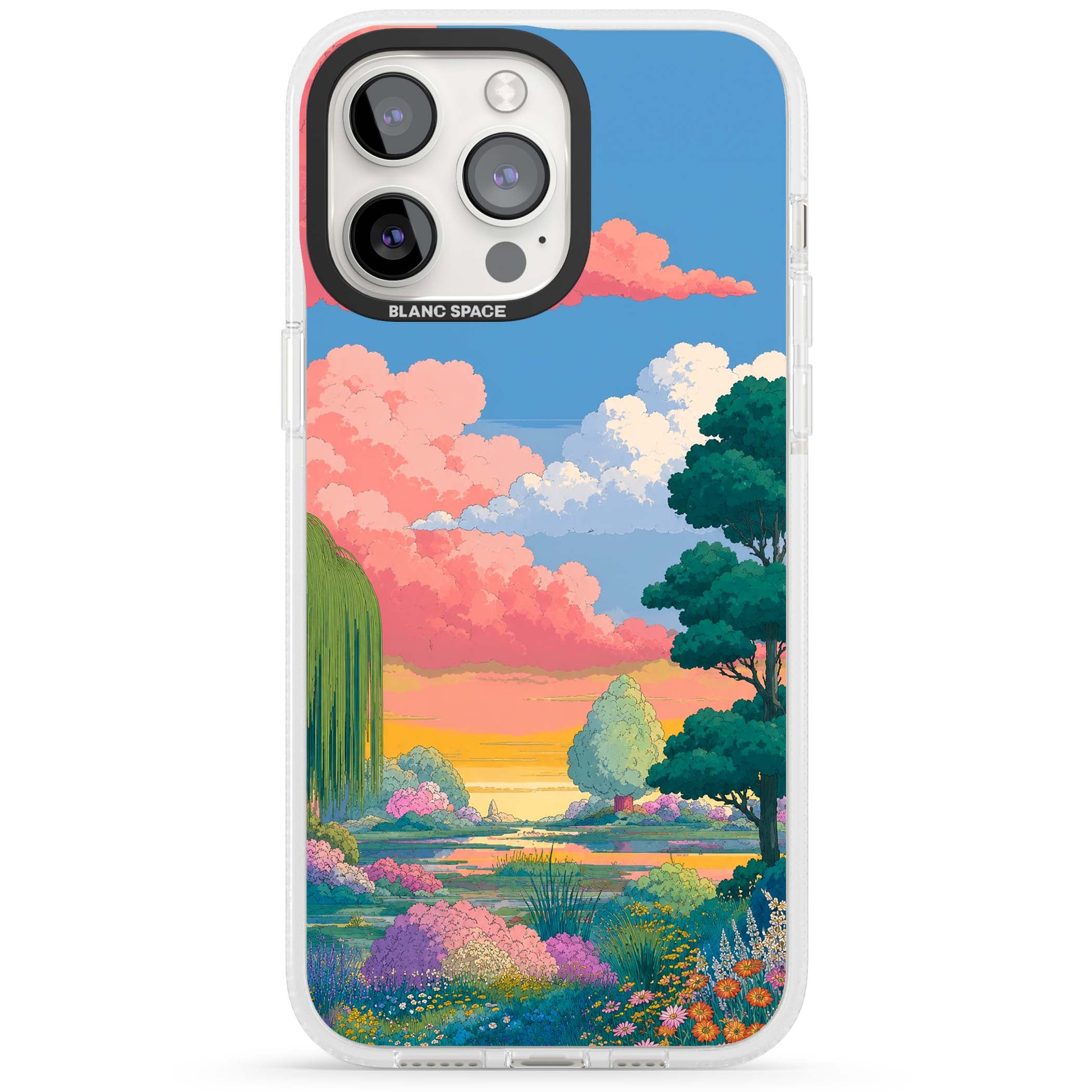 Dream Valley anime landscape iPhone case featuring pink sunset clouds, willow trees and wildflowers | Clear Case Impact Air case for iPhone 15 Pro, iPhone 15 Pro Max