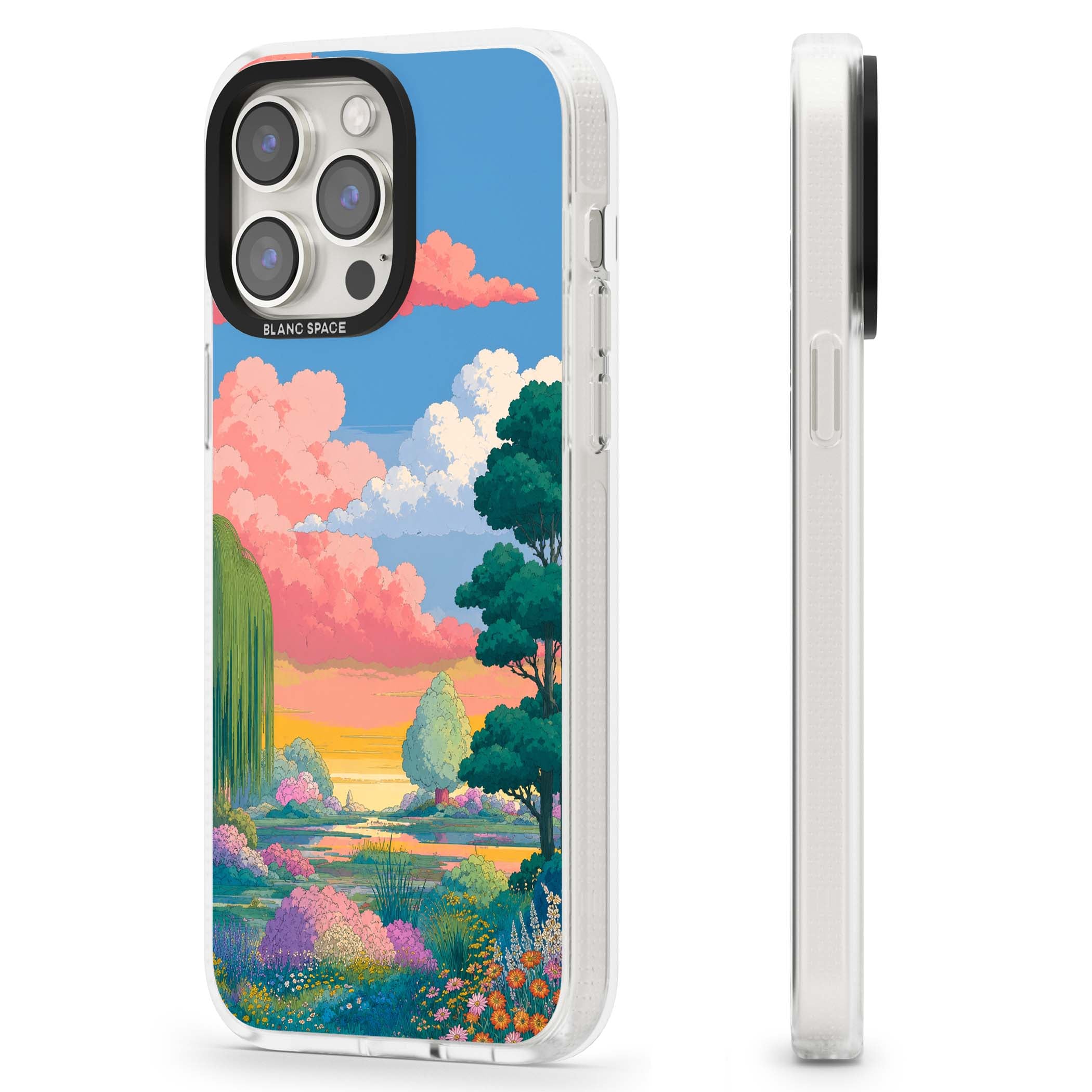 Dream Valley anime landscape iPhone case featuring pink sunset clouds, willow trees and wildflowers | Clear Case Impact Air case for iPhone 15 Pro, iPhone 15 Pro Max