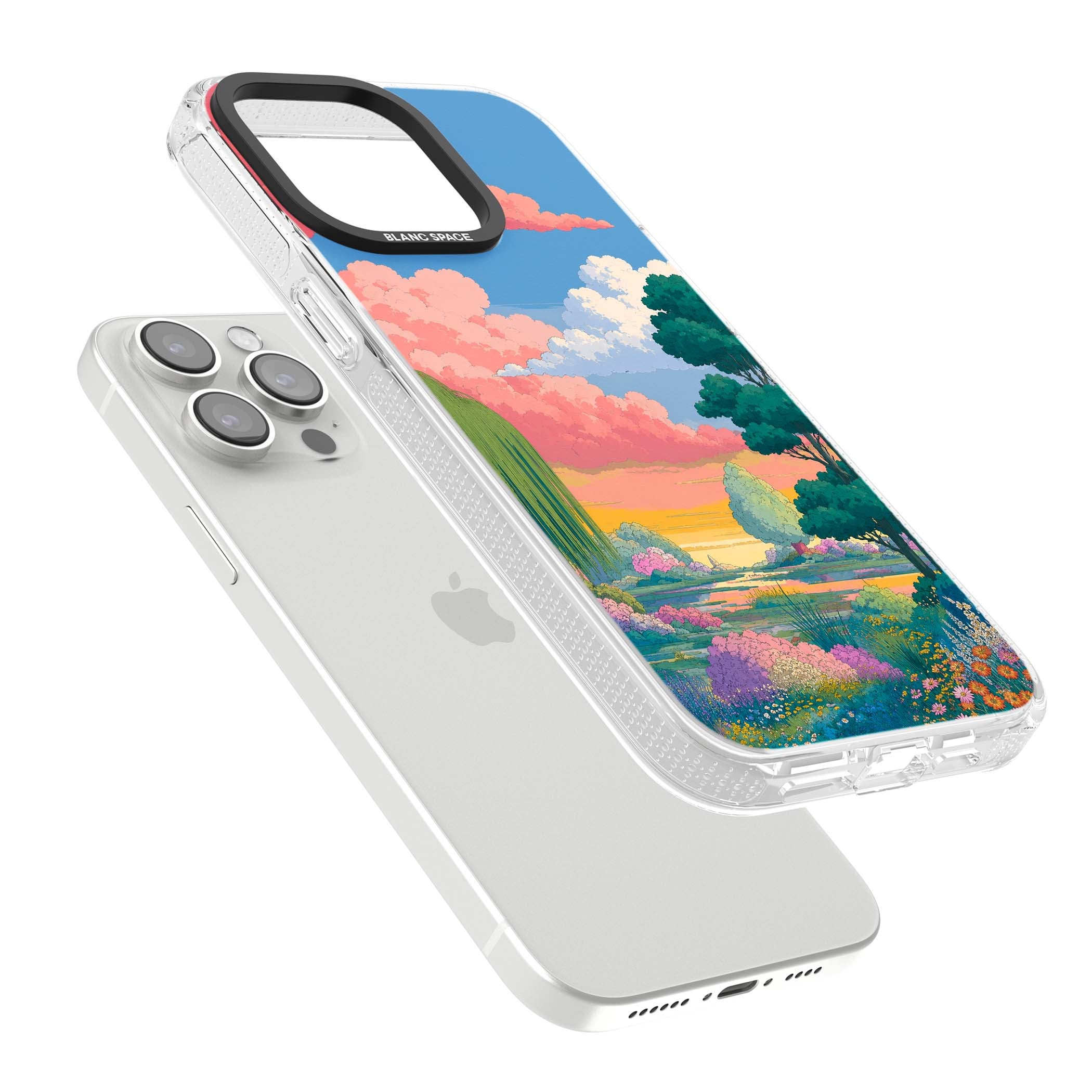 Dream Valley anime landscape iPhone case featuring pink sunset clouds, willow trees and wildflowers | Clear Case Impact Air case for iPhone 15 Pro, iPhone 15 Pro Max
