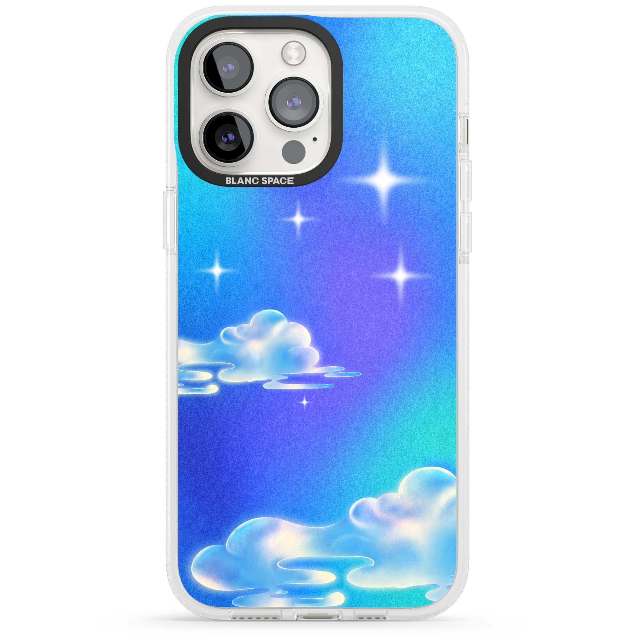 Aurora celestial iPhone case featuring dreamy iridescent clouds, sparkling stars and pastel blue purple sky | Clear Case Impact Air case for iPhone 15 Pro, iPhone 15 Pro Max