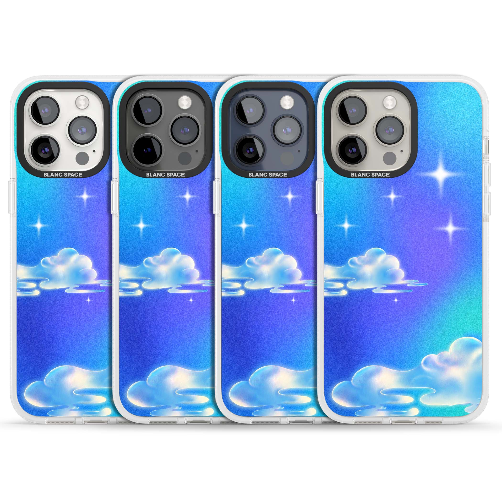 Aurora celestial iPhone case featuring dreamy iridescent clouds, sparkling stars and pastel blue purple sky | Clear Case Impact Air case for iPhone 15 Pro, iPhone 15 Pro Max