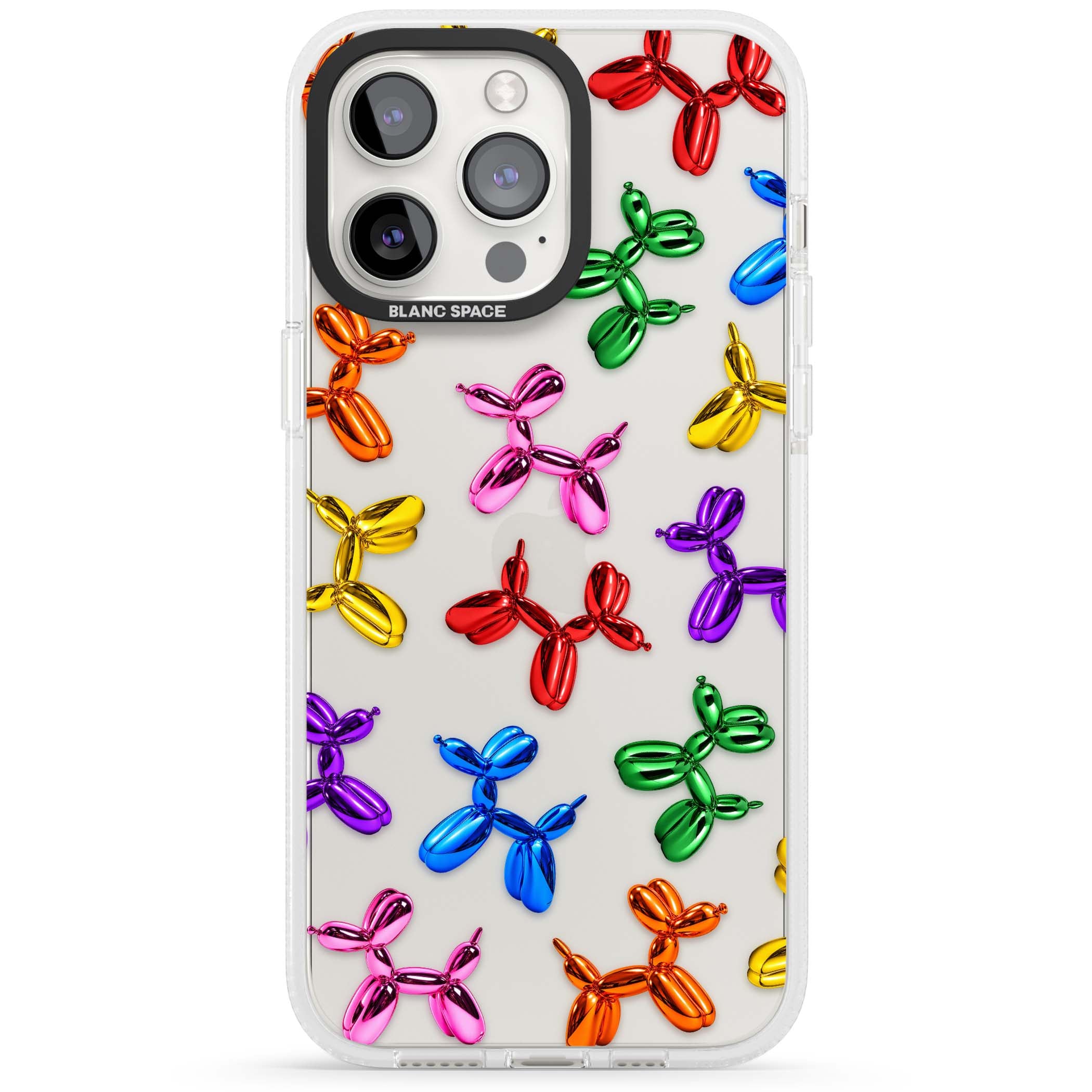 Balloon Dogs pop art iPhone case featuring rainbow chrome balloon dogs in Jeff Koons style | Clear Case Impact Air case for iPhone 15 Pro, iPhone 15 Pro Max