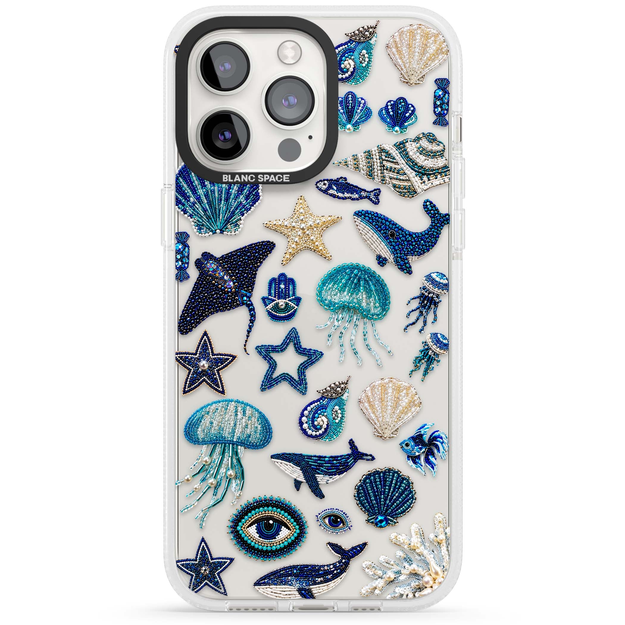 Beaded Coastal coastal iPhone case featuring embroidered seashells, jellyfish and a blue whale on clear | Clear Case Impact Air case for iPhone 15 Pro, iPhone 15 Pro Max
