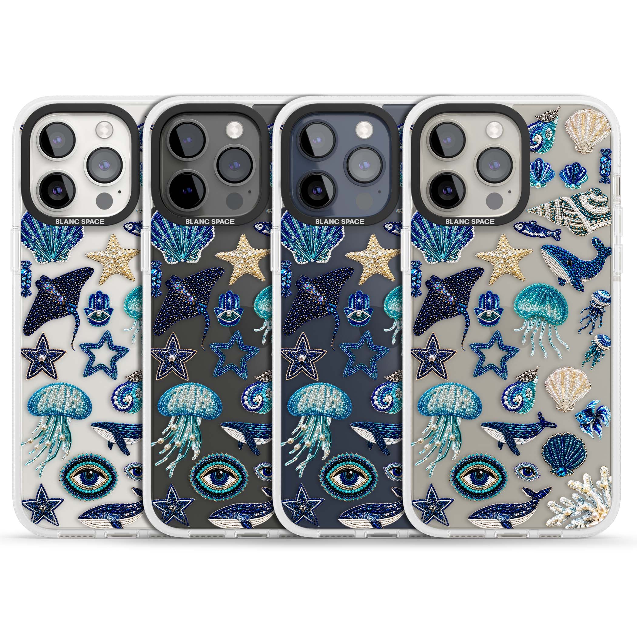 Beaded Coastal coastal iPhone case featuring embroidered seashells, jellyfish and a blue whale on clear | Clear Case Impact Air case for iPhone 15 Pro, iPhone 15 Pro Max