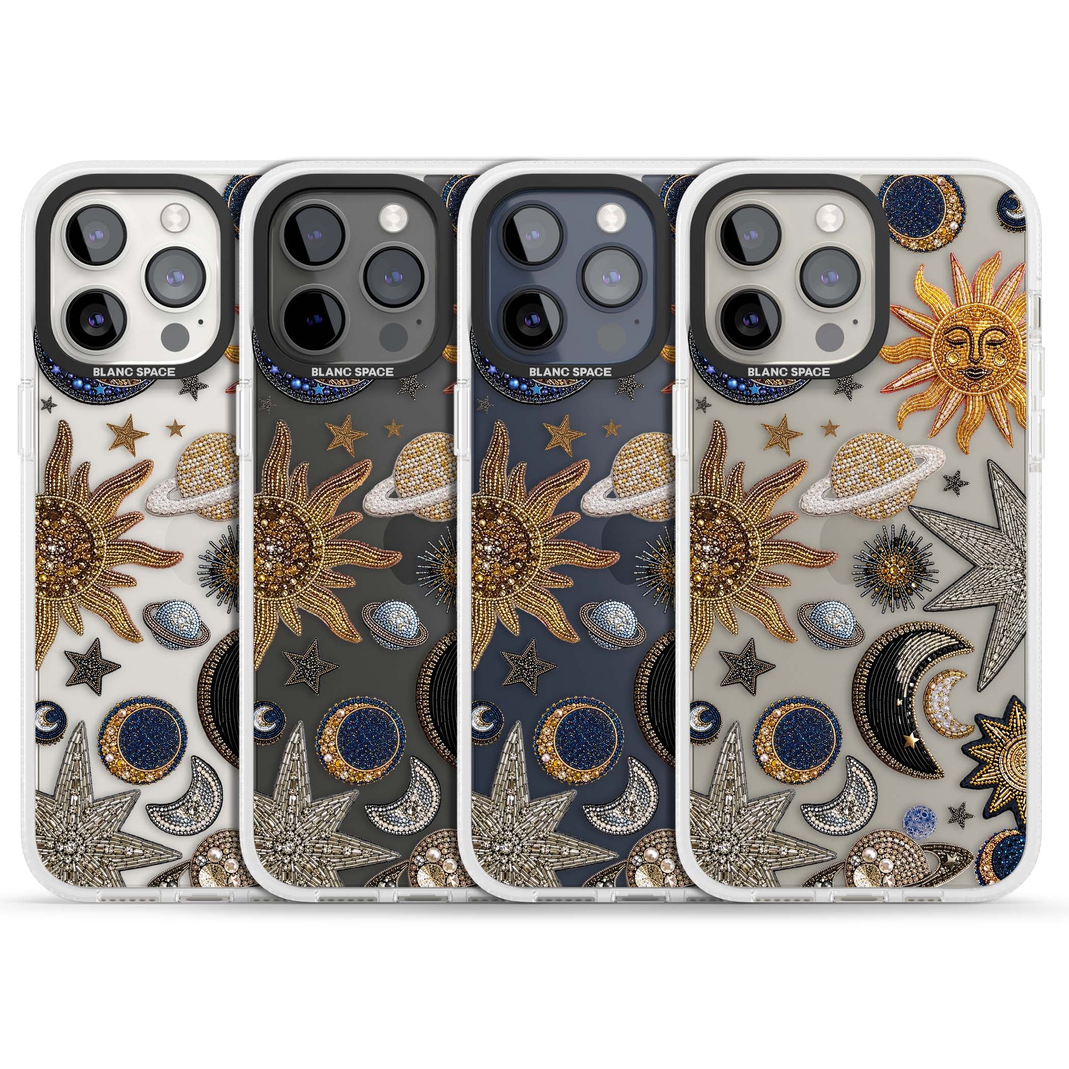 Beaded Cosmos celestial iPhone case featuring embroidered golden suns, beaded planets and silver shooting stars | Clear Case Impact Air case for iPhone 15 Pro, iPhone 15 Pro Max
