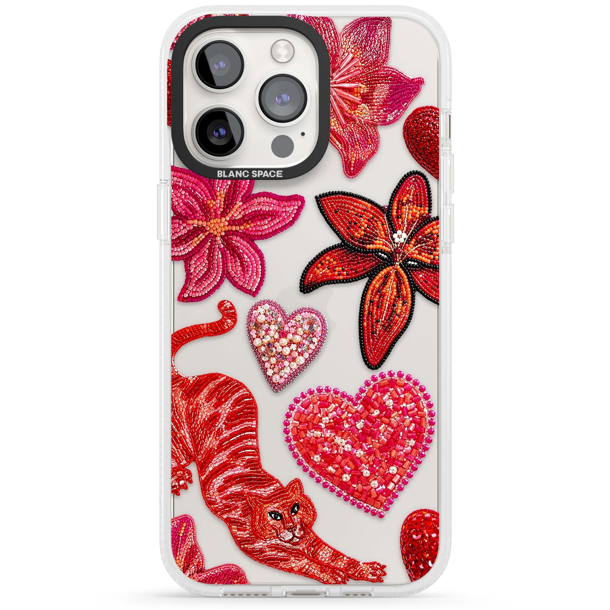 Beaded Boho floral iPhone case featuring beaded red lilies, a stitched tiger, and pearl-encrusted hearts on clear | Clear Case Impact Air case for iPhone 15 Pro, iPhone 15 Pro Max