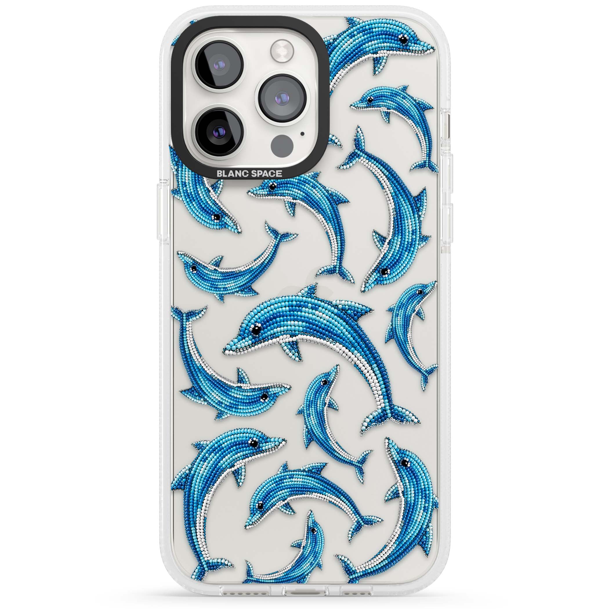 Beaded Dolphins coastal iPhone case featuring beaded dolphins in blue and white swimming across a clear background | Clear Case Impact Air case for iPhone 15 Pro, iPhone 15 Pro Max