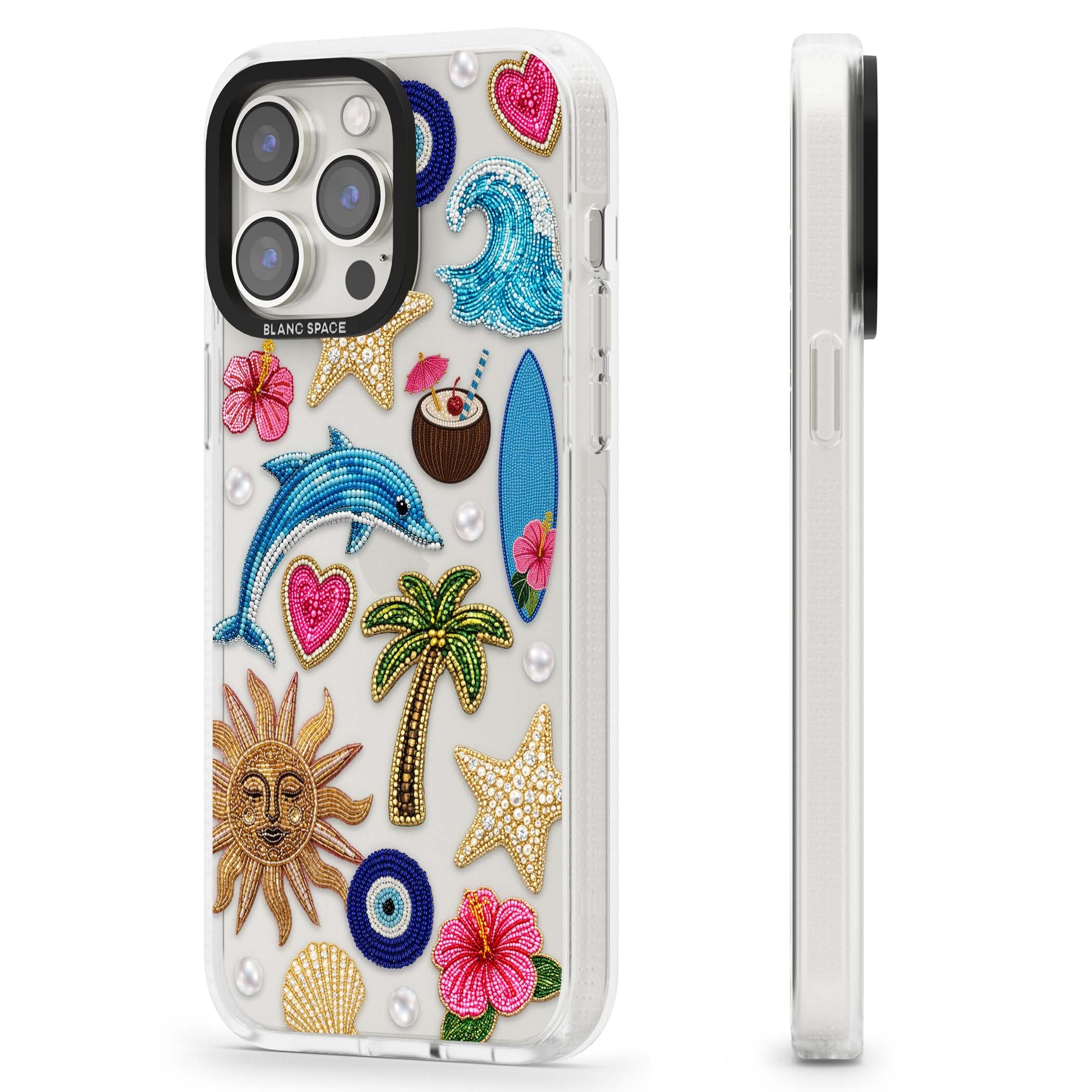 Beaded Beach coastal summer iPhone case featuring embroidered evil eye, hibiscus flowers, dolphin and palm tree patches | Clear Case Impact Air case for iPhone 15 Pro, iPhone 15 Pro Max
