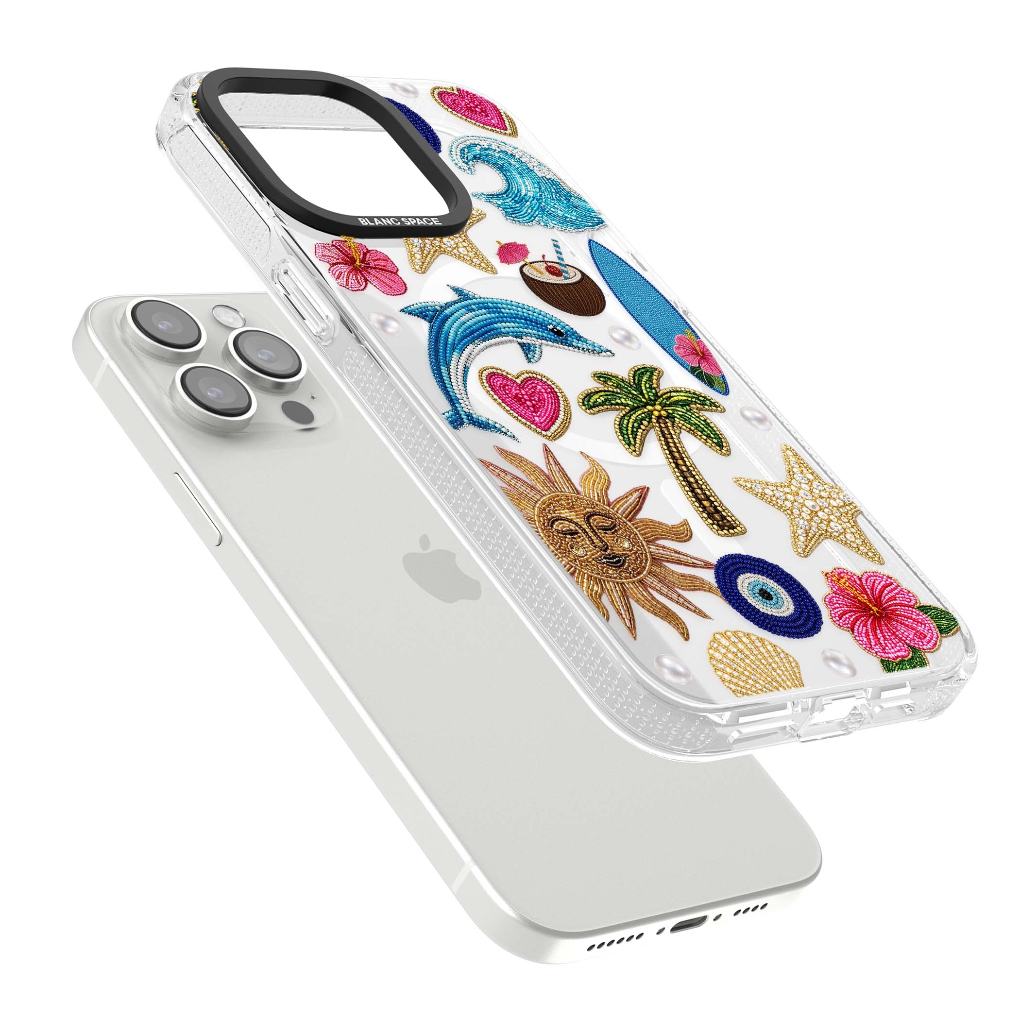 Beaded Beach coastal summer iPhone case featuring embroidered evil eye, hibiscus flowers, dolphin and palm tree patches | Clear Case Impact Air case for iPhone 15 Pro, iPhone 15 Pro Max