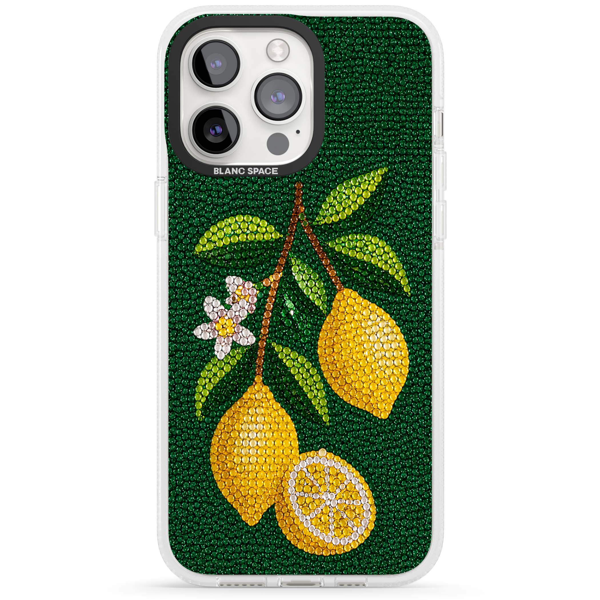 Beaded Lemons coastal iPhone case featuring crystal-beaded lemons, citrus blossom and green leaves on emerald ground | Clear Case Impact Air case for iPhone 15 Pro, iPhone 15 Pro Max