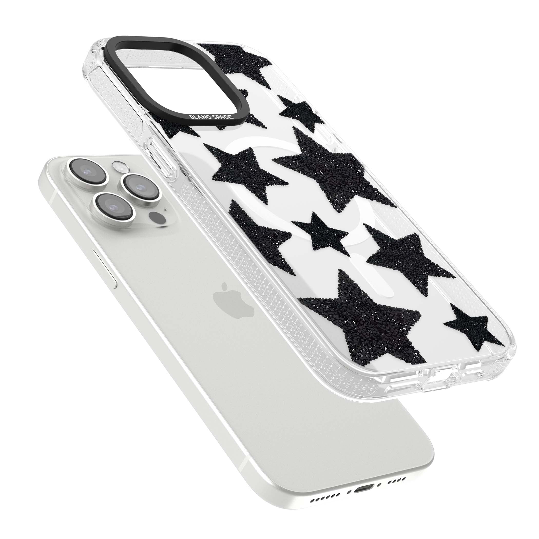 Beaded Black Stars celestial iPhone case featuring black glitter beaded stars scattered on a clear background | Clear Case Impact Air case for iPhone 15 Pro, iPhone 15 Pro Max