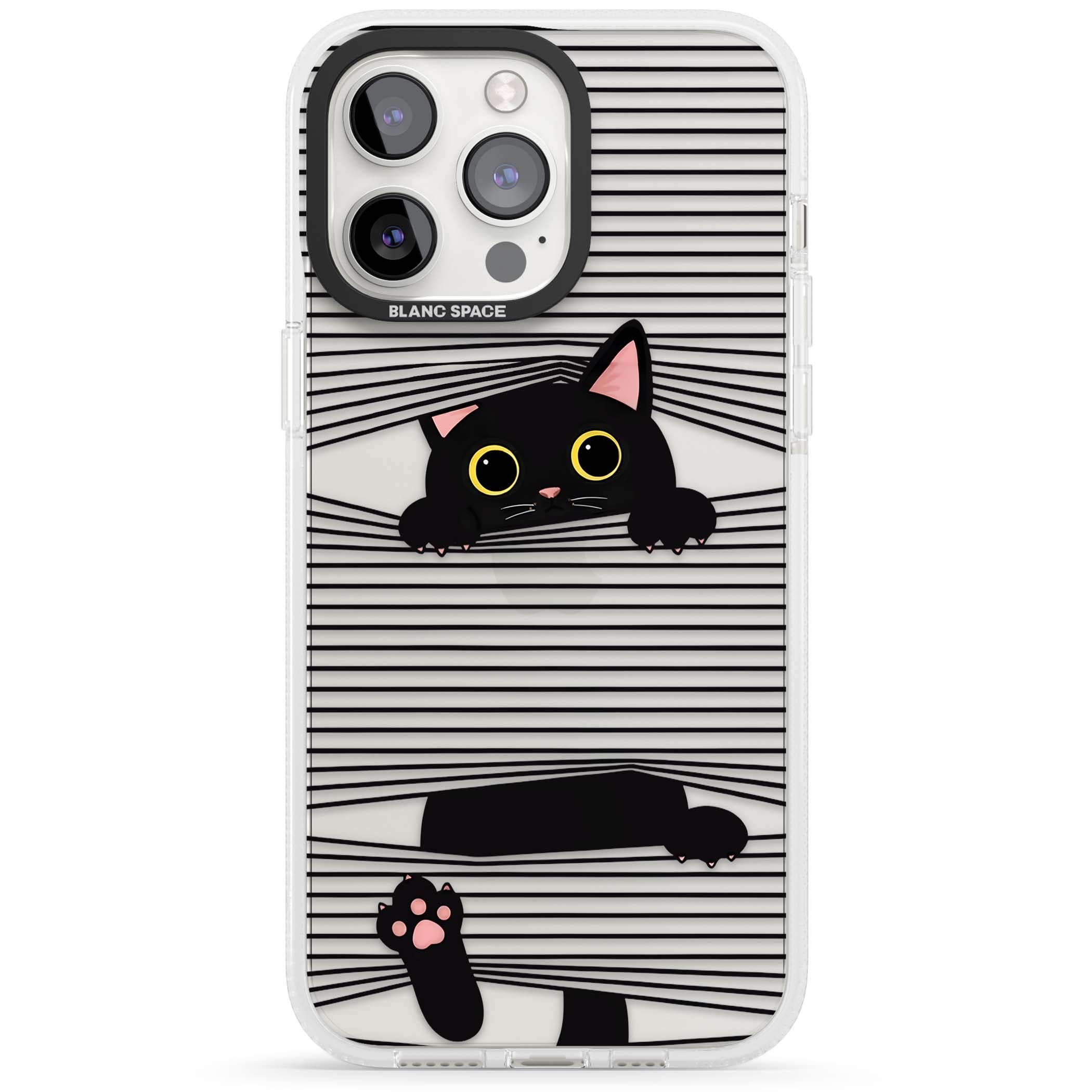 Peek-a-Boo Cat minimal iPhone case featuring black cat peeking through horizontal black and white stripes | Clear Case Impact Air case for iPhone 15 Pro, iPhone 15 Pro Max
