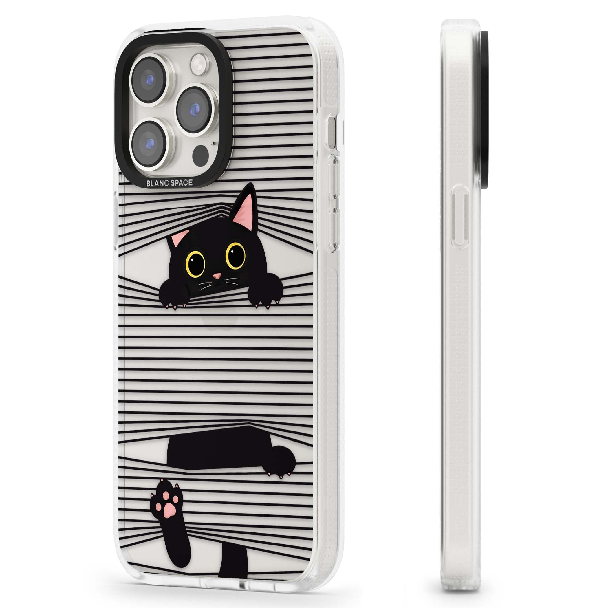 Peek-a-Boo Cat minimal iPhone case featuring black cat peeking through horizontal black and white stripes | Clear Case Impact Air case for iPhone 15 Pro, iPhone 15 Pro Max