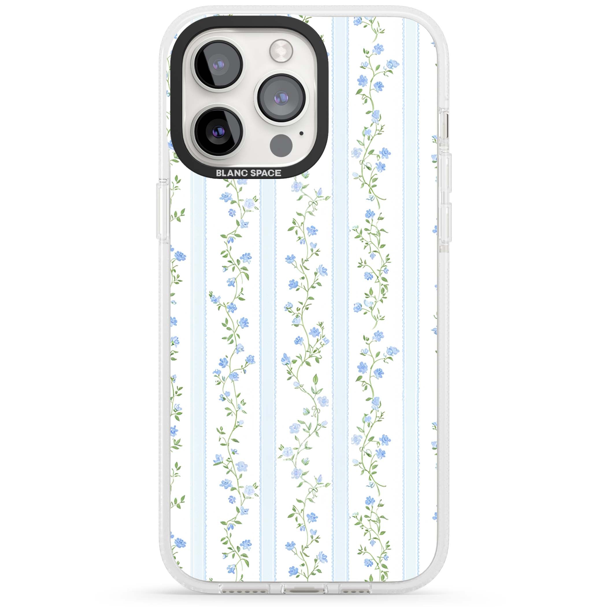 Bluebell Vine cottagecore iPhone case featuring climbing blue roses, trailing green vines, and pale ticking stripes | Clear Case Impact Air case for iPhone 15 Pro, iPhone 15 Pro Max