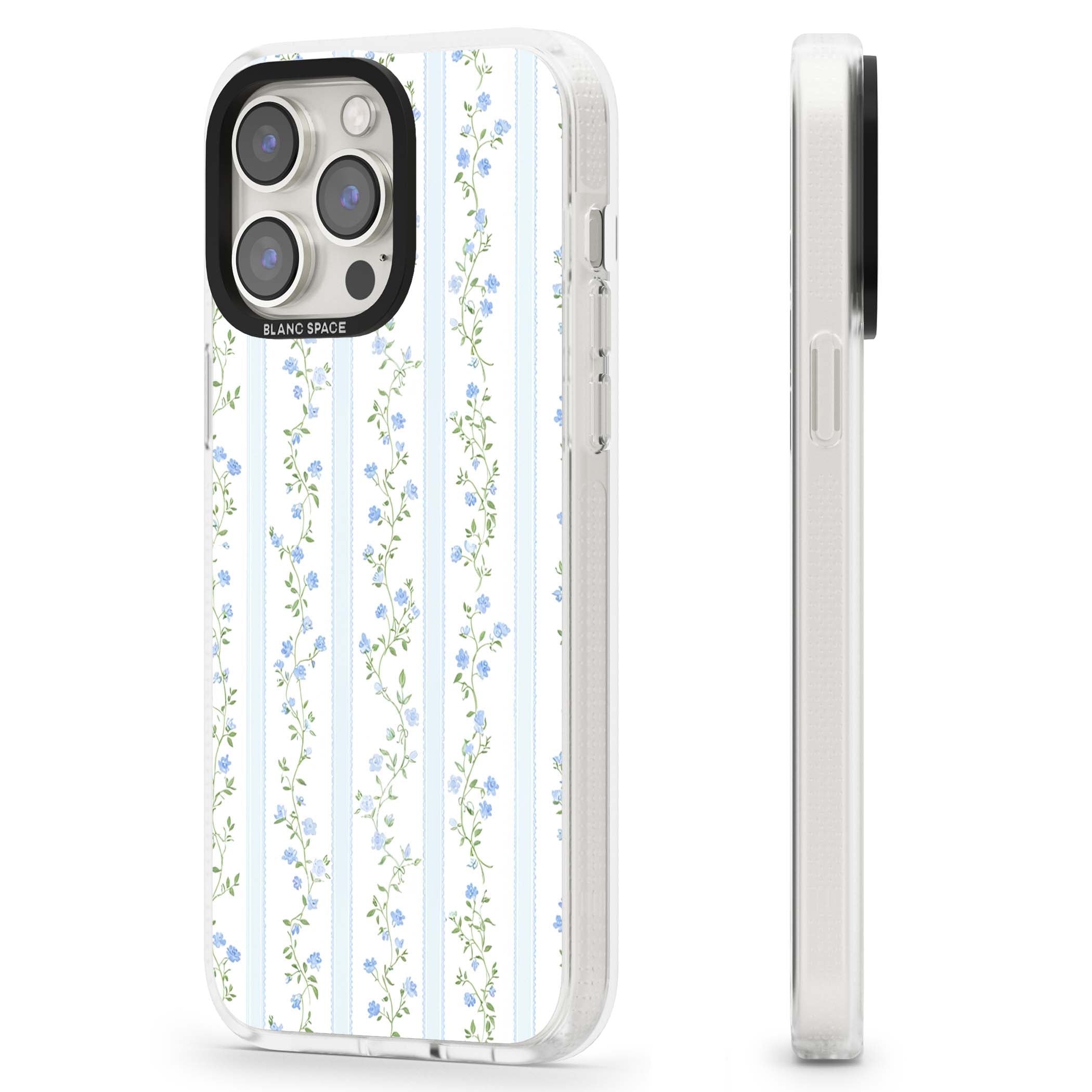 Bluebell Vine cottagecore iPhone case featuring climbing blue roses, trailing green vines, and pale ticking stripes | Clear Case Impact Air case for iPhone 15 Pro, iPhone 15 Pro Max