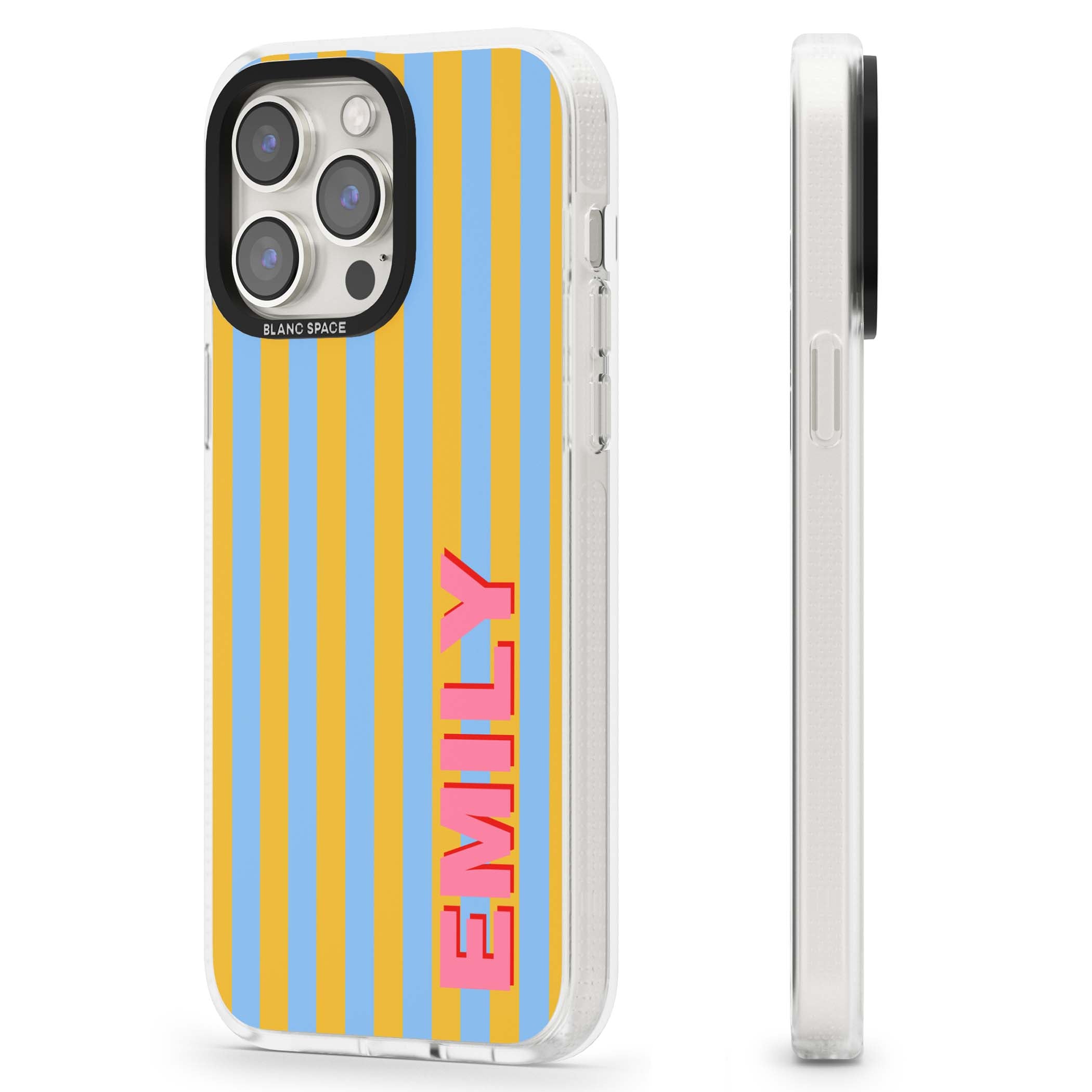 Carribean Stripe personalised coastal iPhone case with yellow and blue vertical stripes and a custom pink name | Clear Case Impact Air case for iPhone 15 Pro, iPhone 15 Pro Max