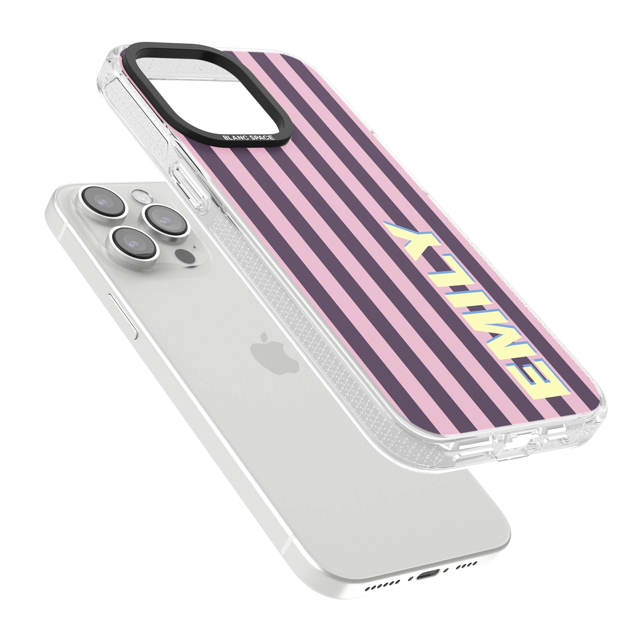 Tyre Stripe personalised stripe iPhone case with plum and pink vertical stripes and custom yellow name | Clear Case Impact Air case for iPhone 15 Pro, iPhone 15 Pro Max
