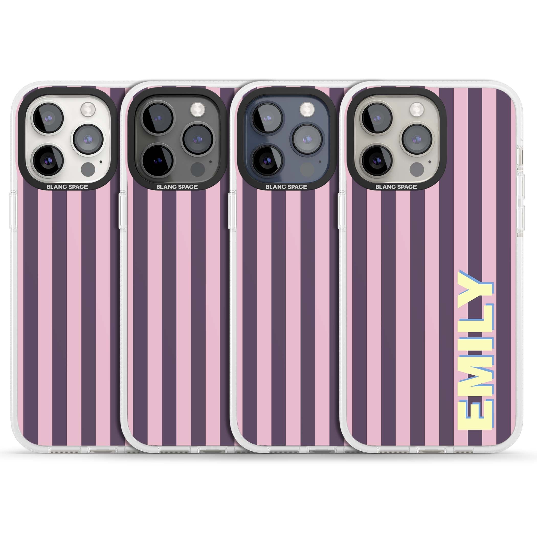 Tyre Stripe personalised stripe iPhone case with plum and pink vertical stripes and custom yellow name | Clear Case Impact Air case for iPhone 15 Pro, iPhone 15 Pro Max