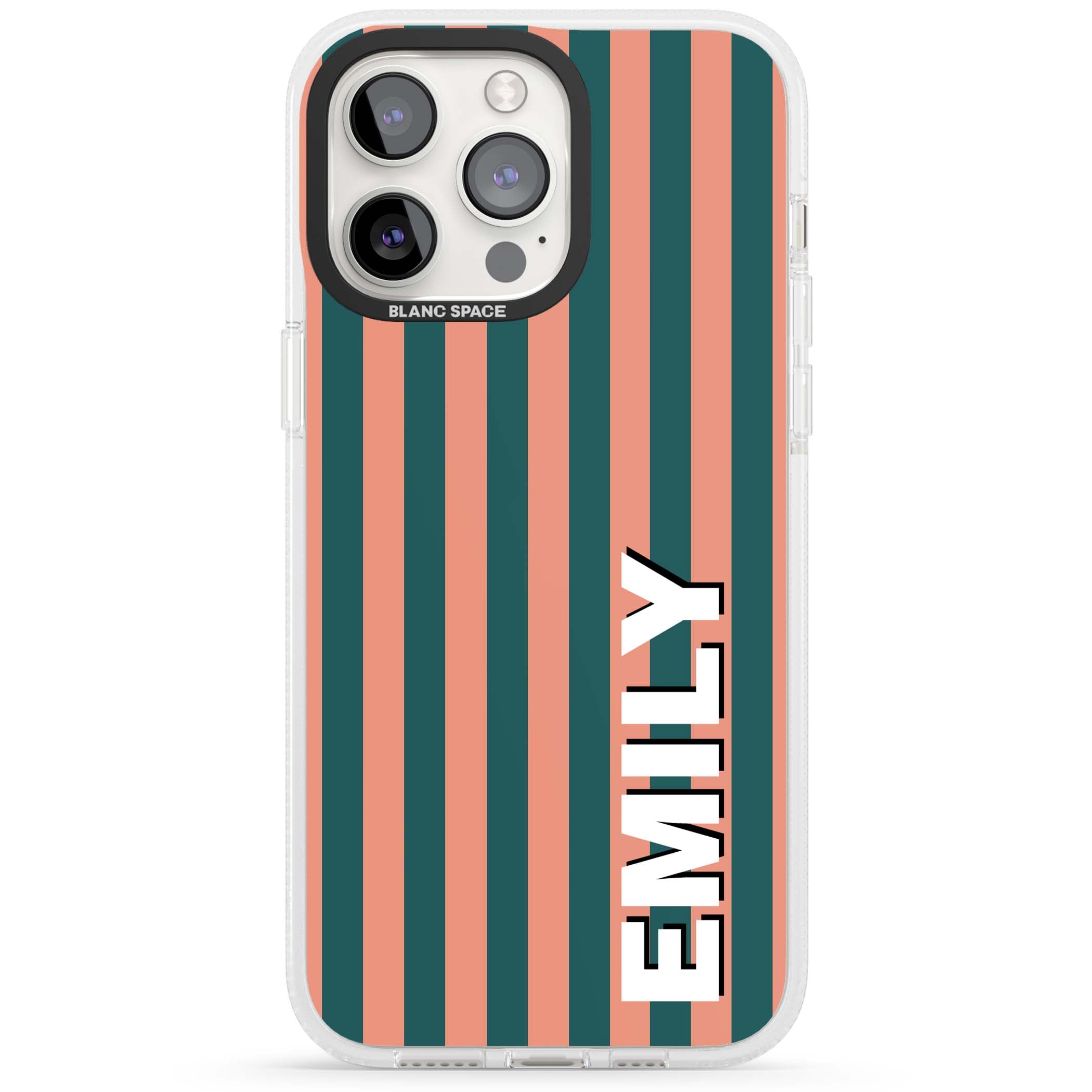 Tuscan Stripe personalised iPhone case featuring coral and green vertical stripes with bold custom name | Clear Case Impact Air case for iPhone 15 Pro, iPhone 15 Pro Max