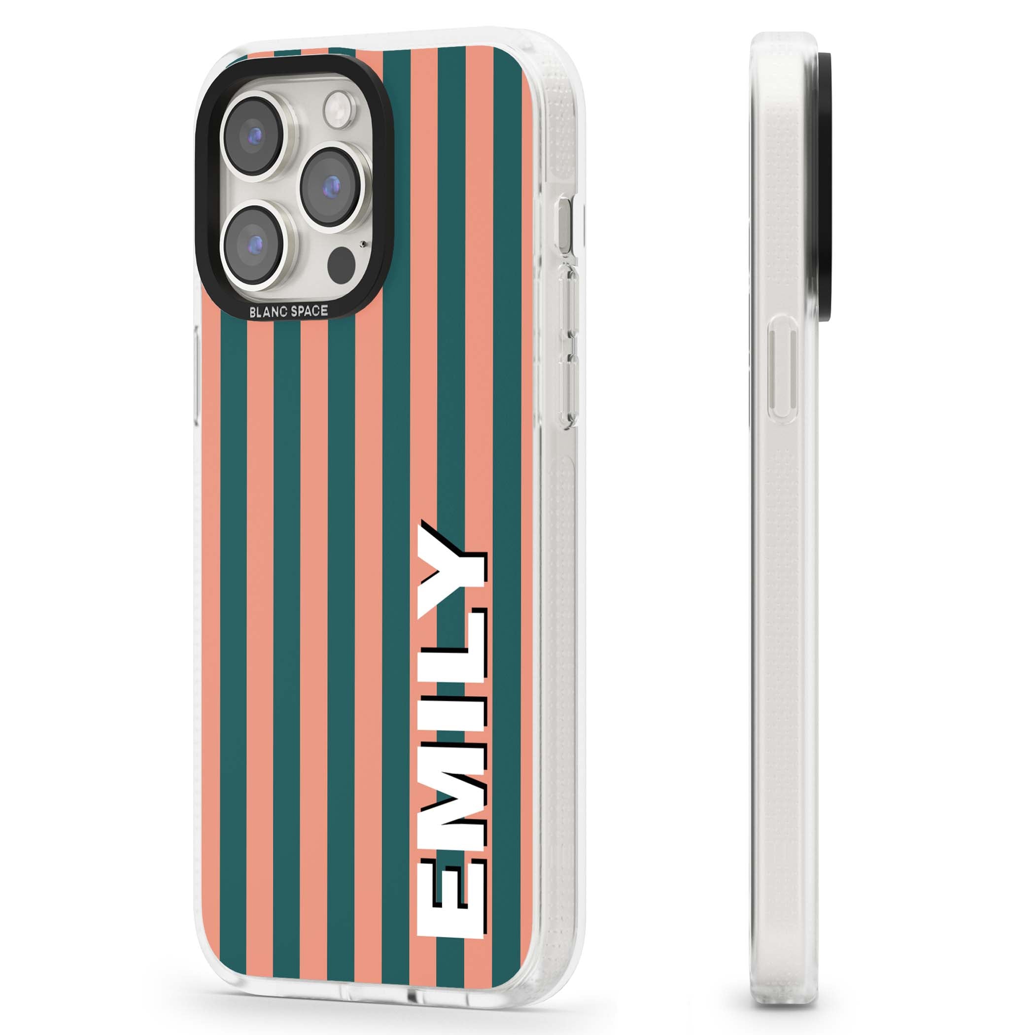 Tuscan Stripe personalised iPhone case featuring coral and green vertical stripes with bold custom name | Clear Case Impact Air case for iPhone 15 Pro, iPhone 15 Pro Max