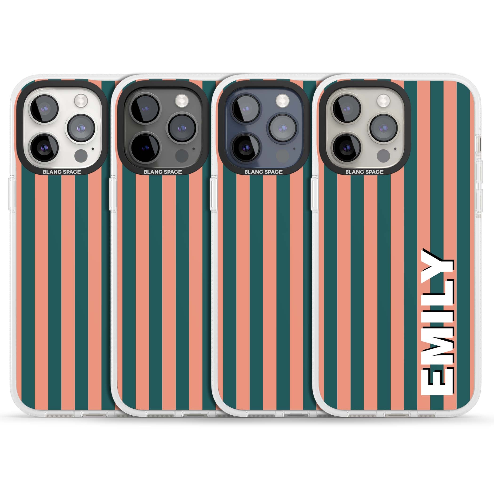 Tuscan Stripe personalised iPhone case featuring coral and green vertical stripes with bold custom name | Clear Case Impact Air case for iPhone 15 Pro, iPhone 15 Pro Max