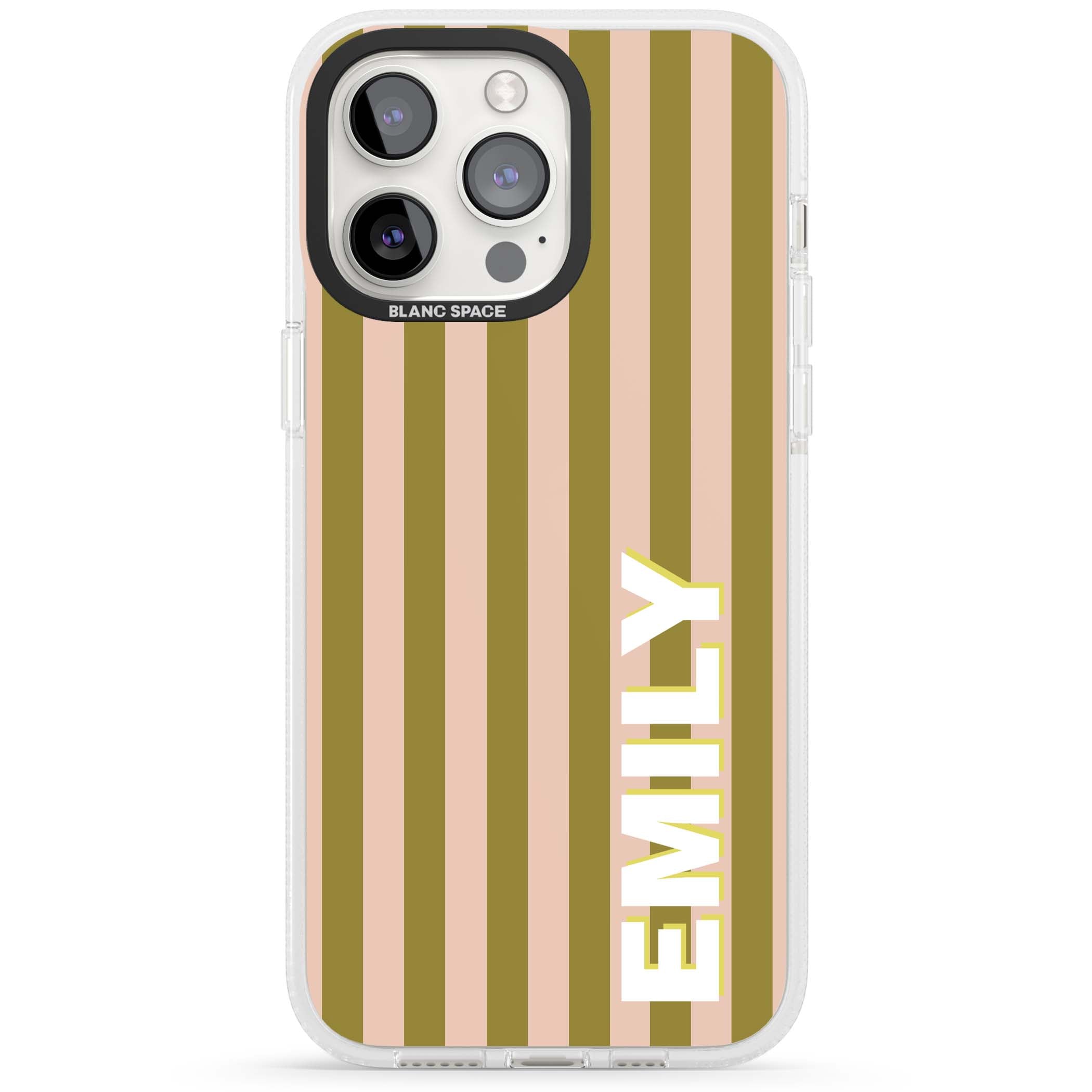 Indian Stripe personalised iPhone case featuring olive green and blush pink vertical stripes with custom name in whit | Clear Case Impact Air case for iPhone 15 Pro, iPhone 15 Pro Max