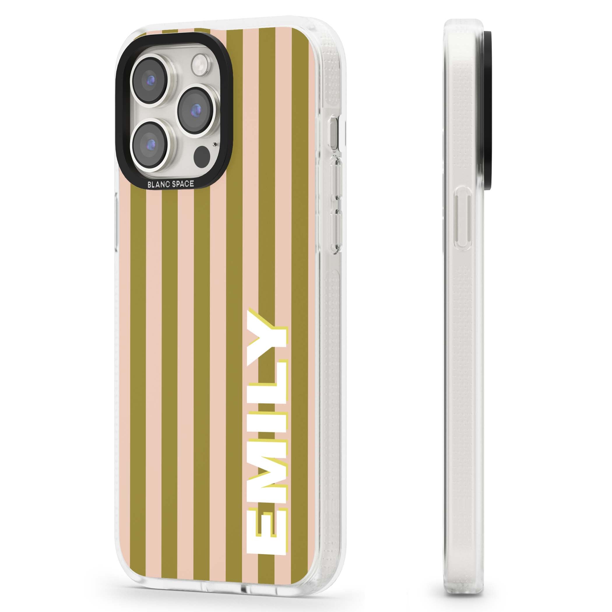 Indian Stripe personalised iPhone case featuring olive green and blush pink vertical stripes with custom name in whit | Clear Case Impact Air case for iPhone 15 Pro, iPhone 15 Pro Max