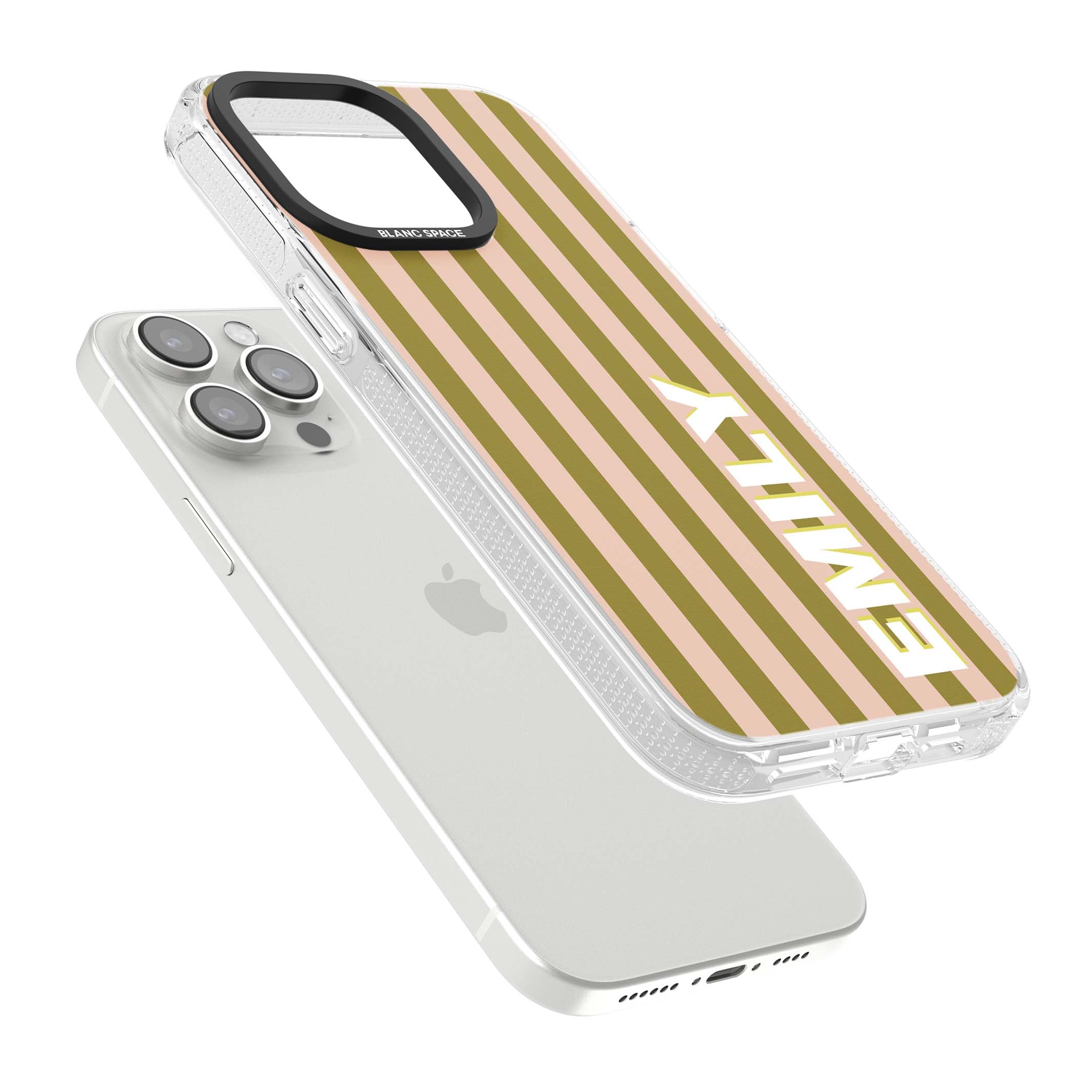 Indian Stripe personalised iPhone case featuring olive green and blush pink vertical stripes with custom name in whit | Clear Case Impact Air case for iPhone 15 Pro, iPhone 15 Pro Max