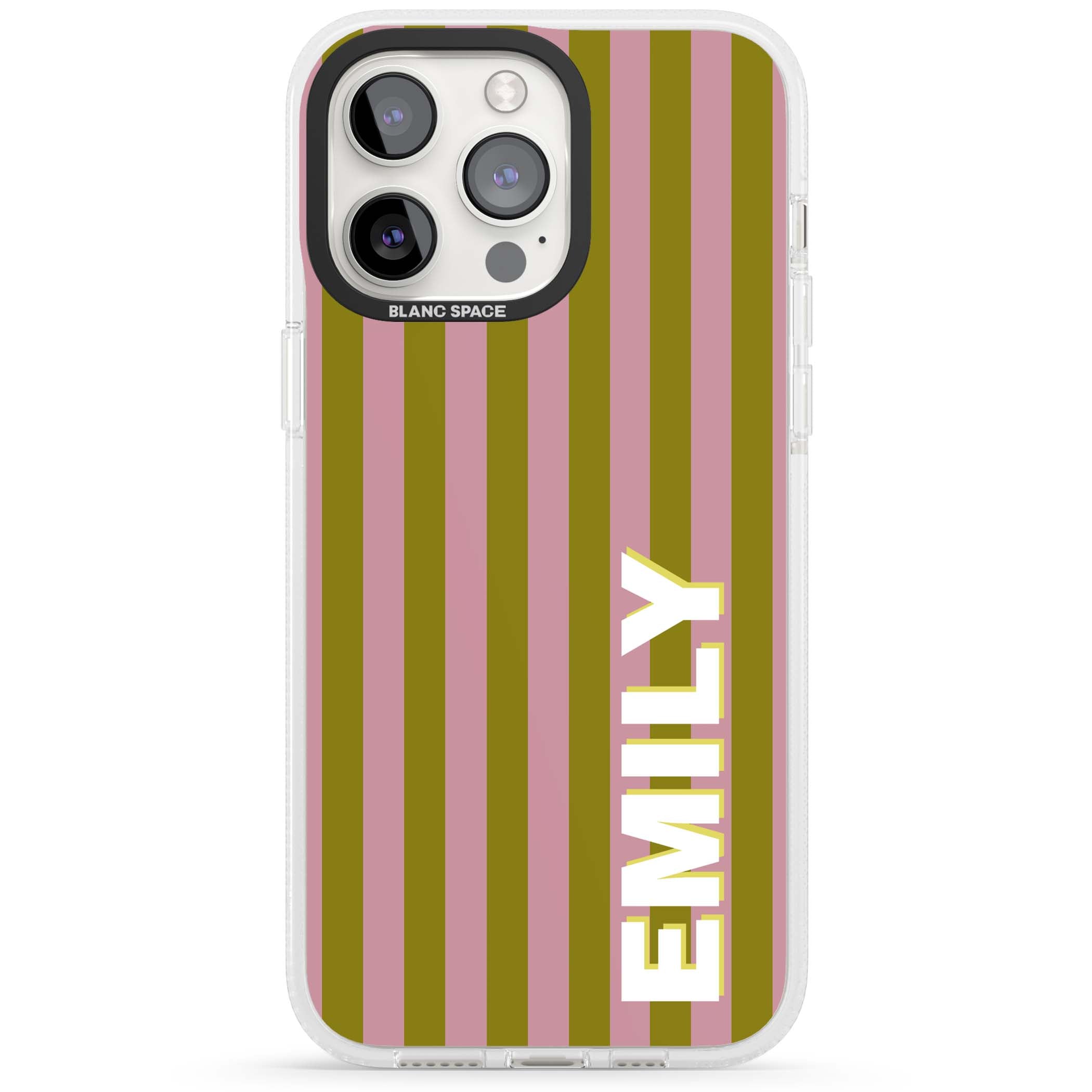 Istanbul Stripe personalised iPhone case featuring pink and olive green vertical stripes with a custom vertical name | Clear Case Impact Air case for iPhone 15 Pro, iPhone 15 Pro Max