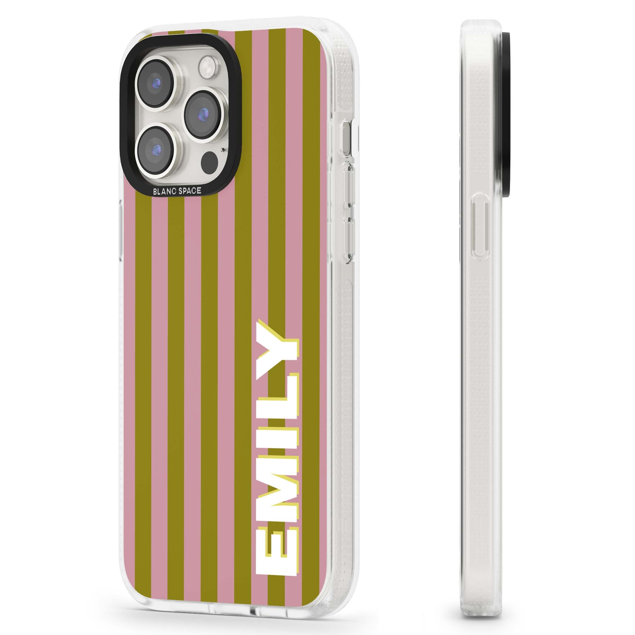 Istanbul Stripe personalised iPhone case featuring pink and olive green vertical stripes with a custom vertical name | Clear Case Impact Air case for iPhone 15 Pro, iPhone 15 Pro Max
