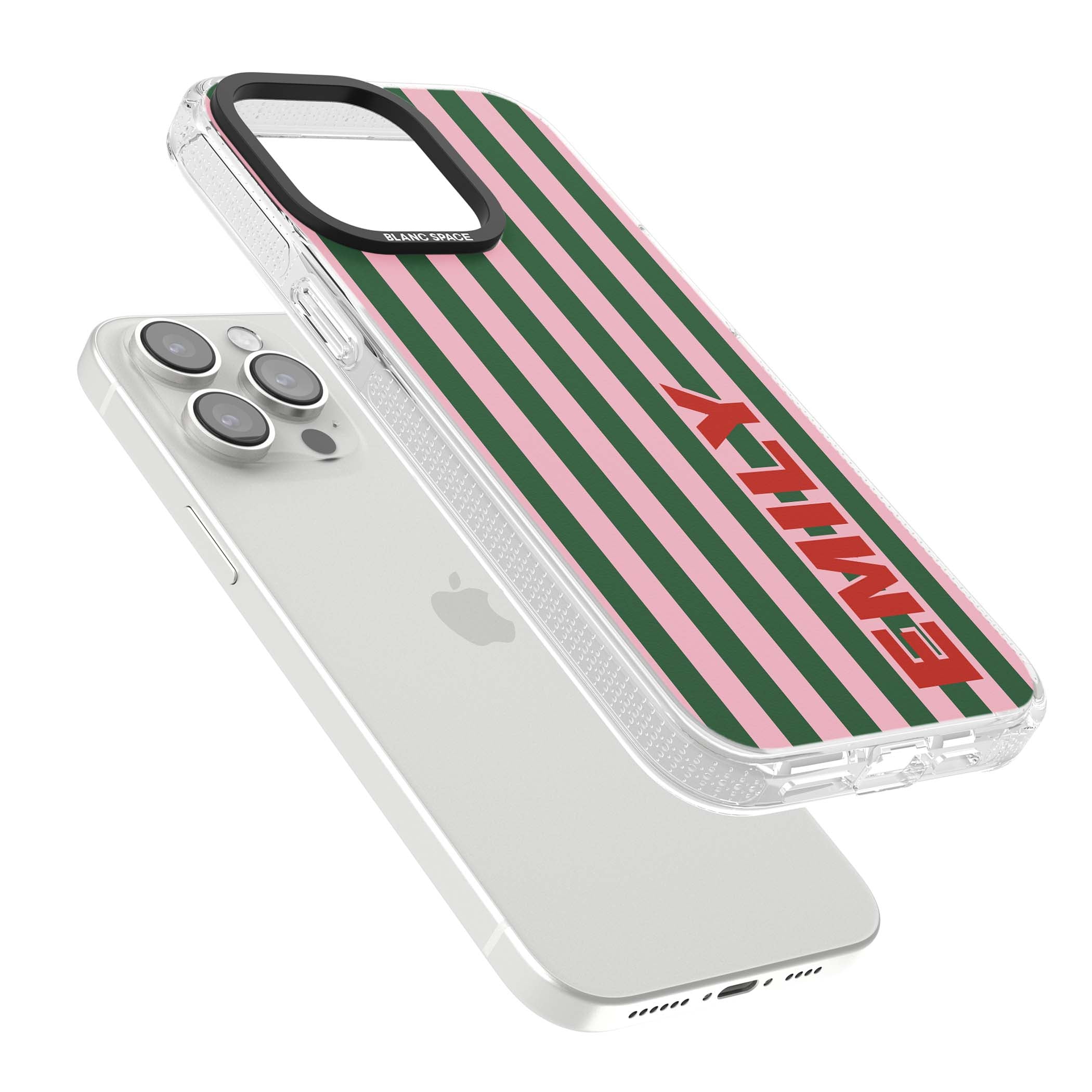 Italian Stripe preppy iPhone case featuring pink and green vertical stripes with personalised red name | Clear Case Impact Air case for iPhone 15 Pro, iPhone 15 Pro Max
