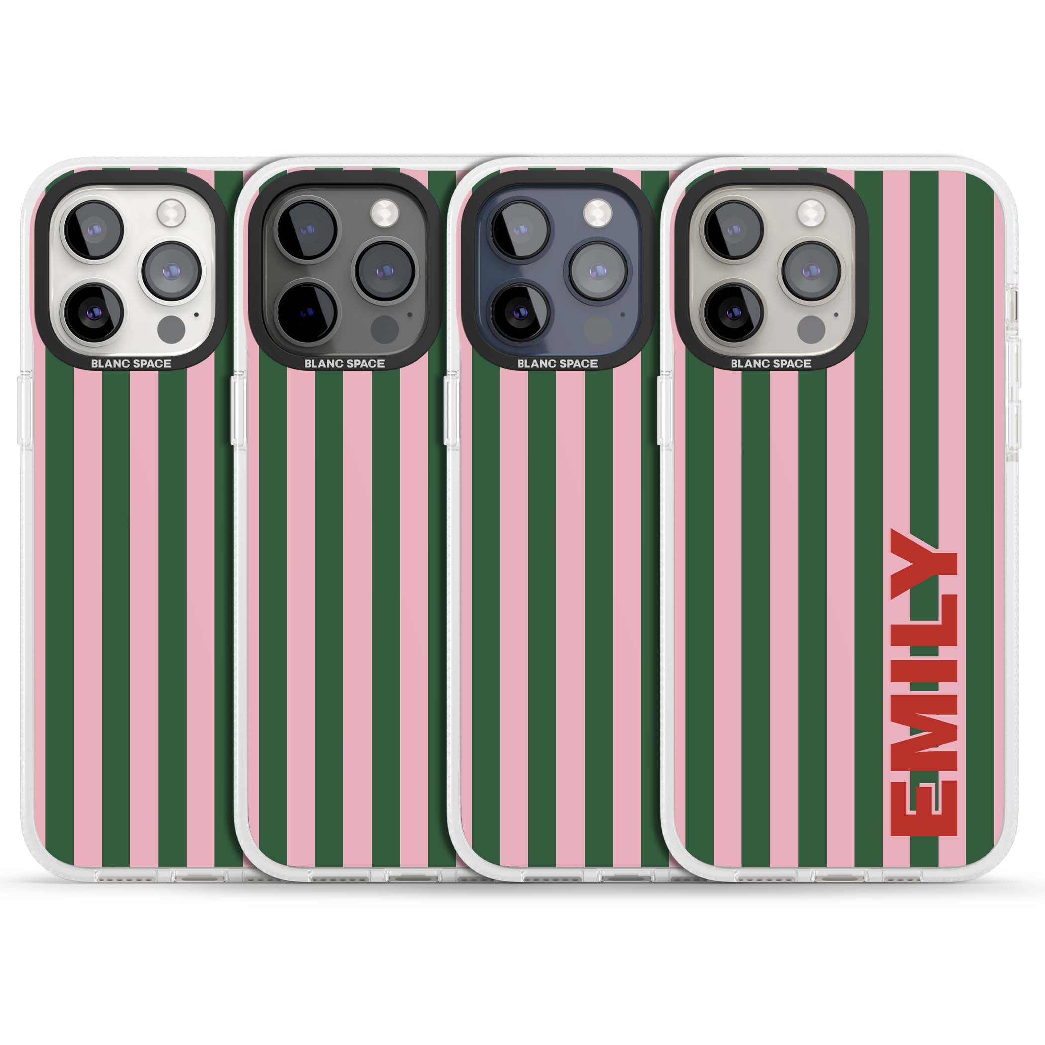 Italian Stripe preppy iPhone case featuring pink and green vertical stripes with personalised red name | Clear Case Impact Air case for iPhone 15 Pro, iPhone 15 Pro Max