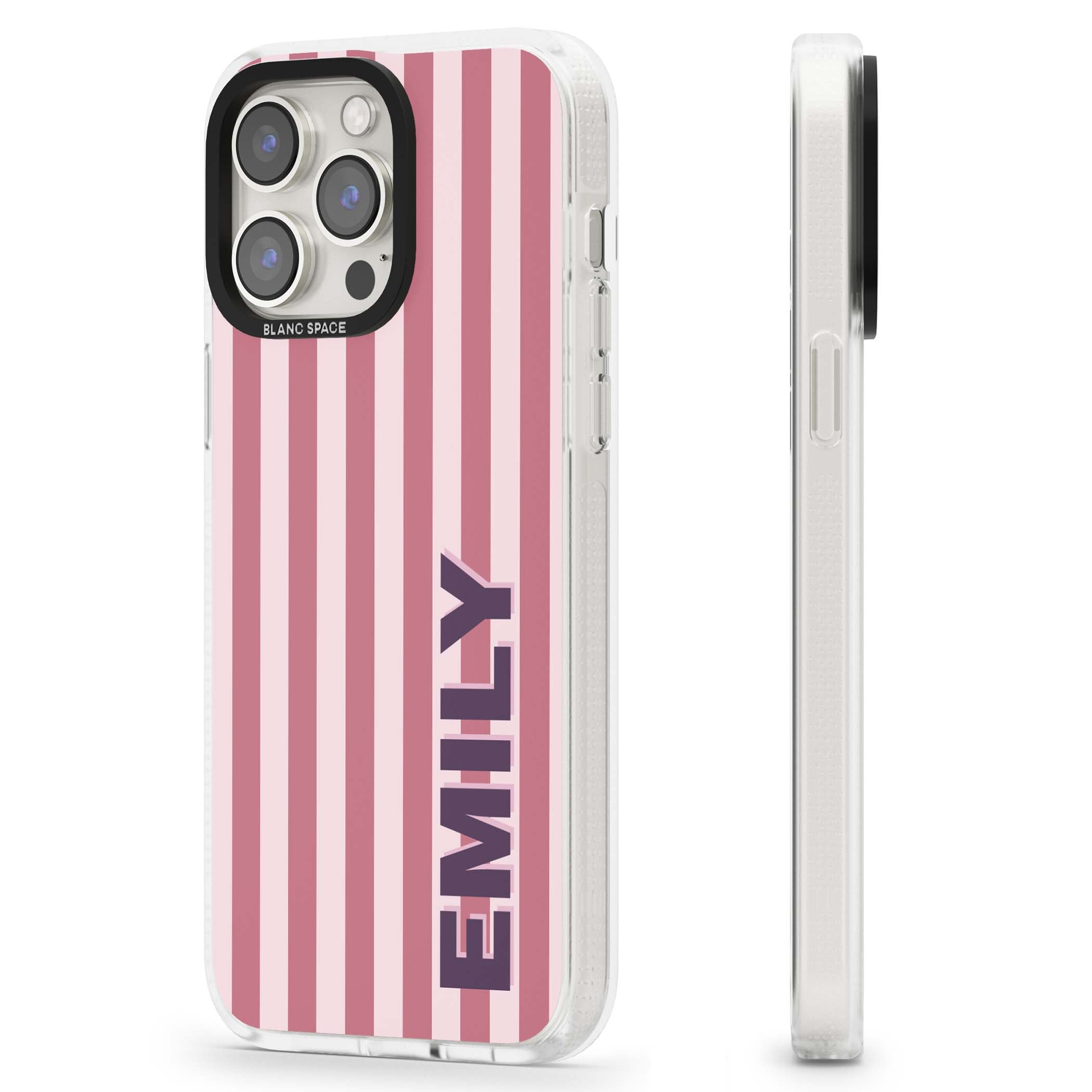 Victoria Stripe personalised iPhone case featuring pink vertical stripes and custom name in bold plum lettering | Clear Case Impact Air case for iPhone 15 Pro, iPhone 15 Pro Max