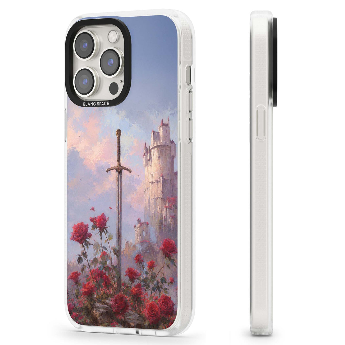 Sword in Roses medieval art iPhone case featuring a sword, red roses, and a misty fairytale castle at sunset | Clear Case Impact Air case for iPhone 15 Pro, iPhone 15 Pro Max