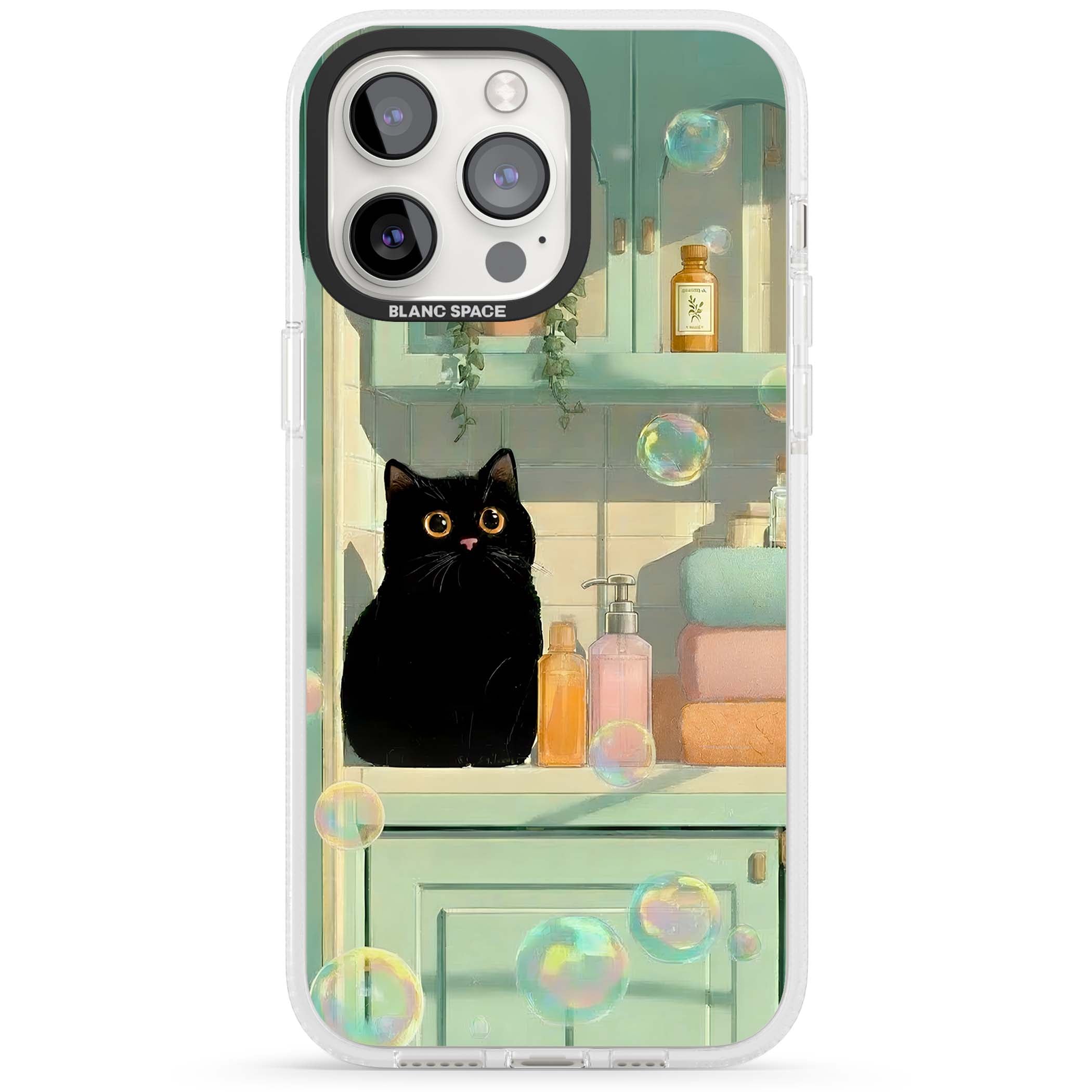 Bathroom Bubble Kitty cottagecore iPhone case featuring a black cat, mint bathroom scene and floating soap bubbles | Clear Case Impact Air case for iPhone 15 Pro, iPhone 15 Pro Max