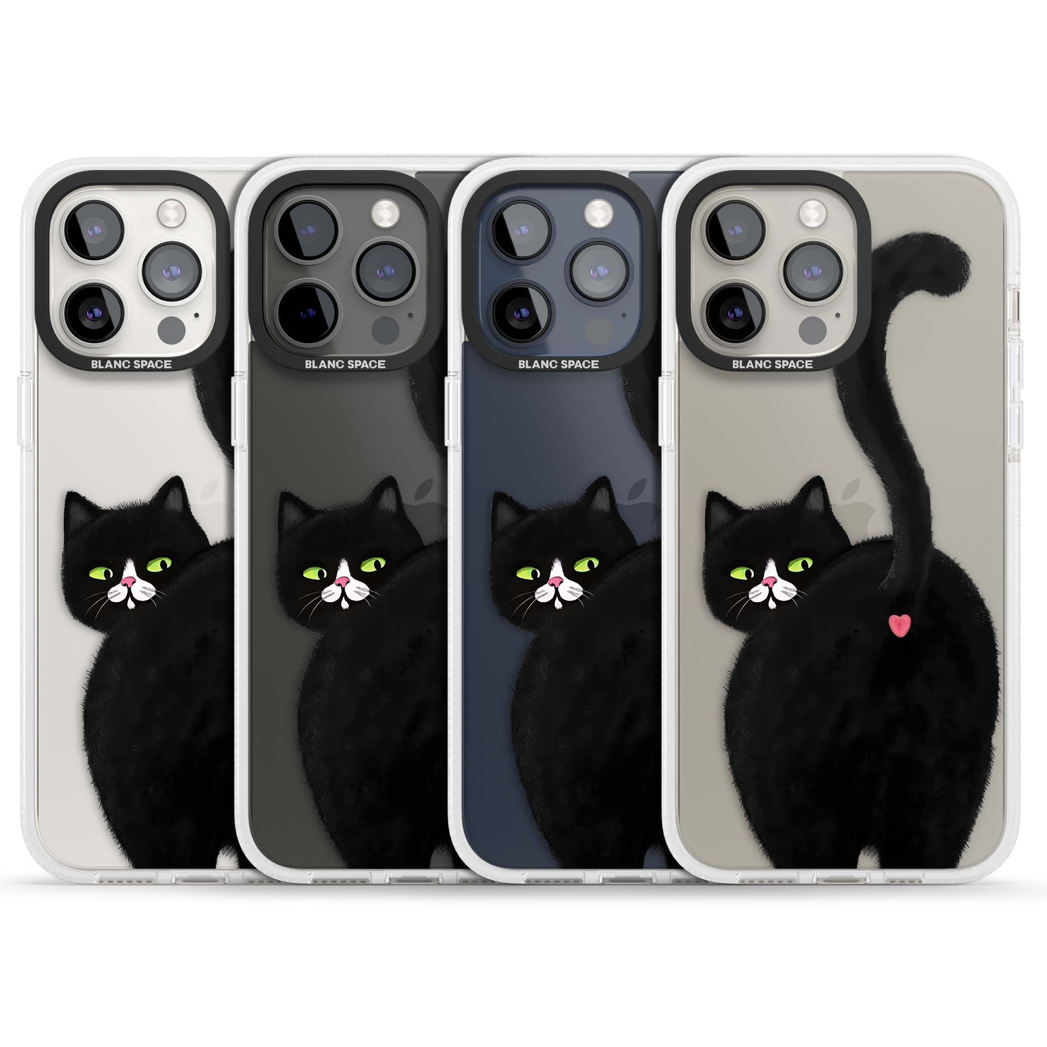 The Cat's Kiss cute cat iPhone case featuring a hand-painted tuxedo kitty with green eyes and a pink heart on a clear  | Clear Case Impact Air case for iPhone 15 Pro, iPhone 15 Pro Max